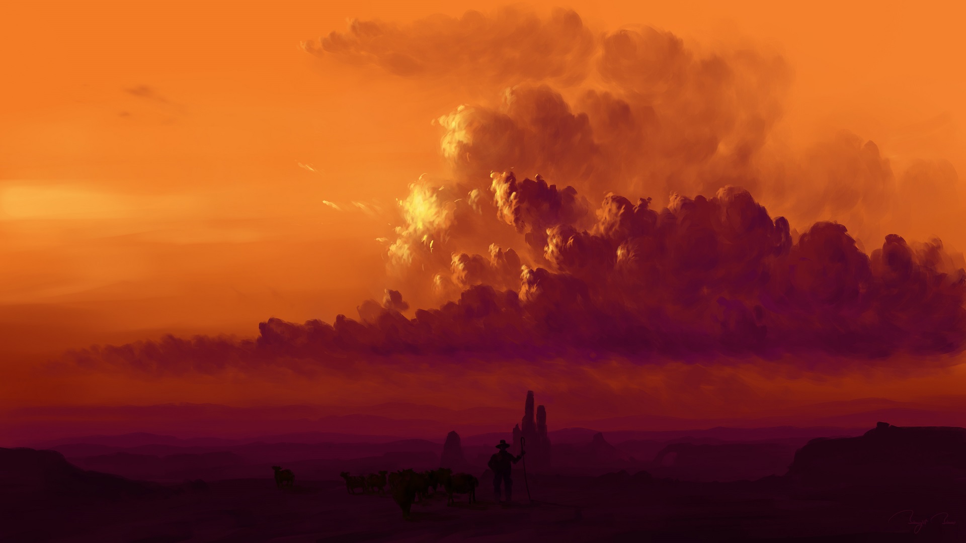 BisBiswas Digital Painting Orange Clouds Orange Sky Shepherd 1920x1080