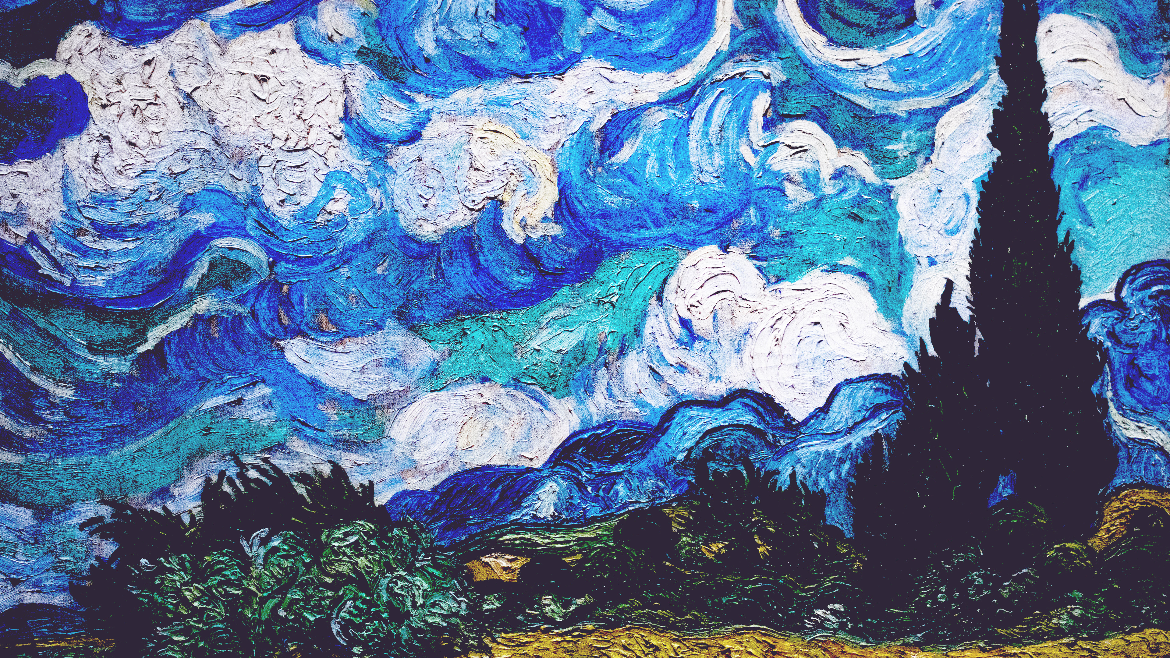 Vincent Van Gogh Clouds Cypress Shrubbery Blue Artwork Painting Classic Art 3840x2160