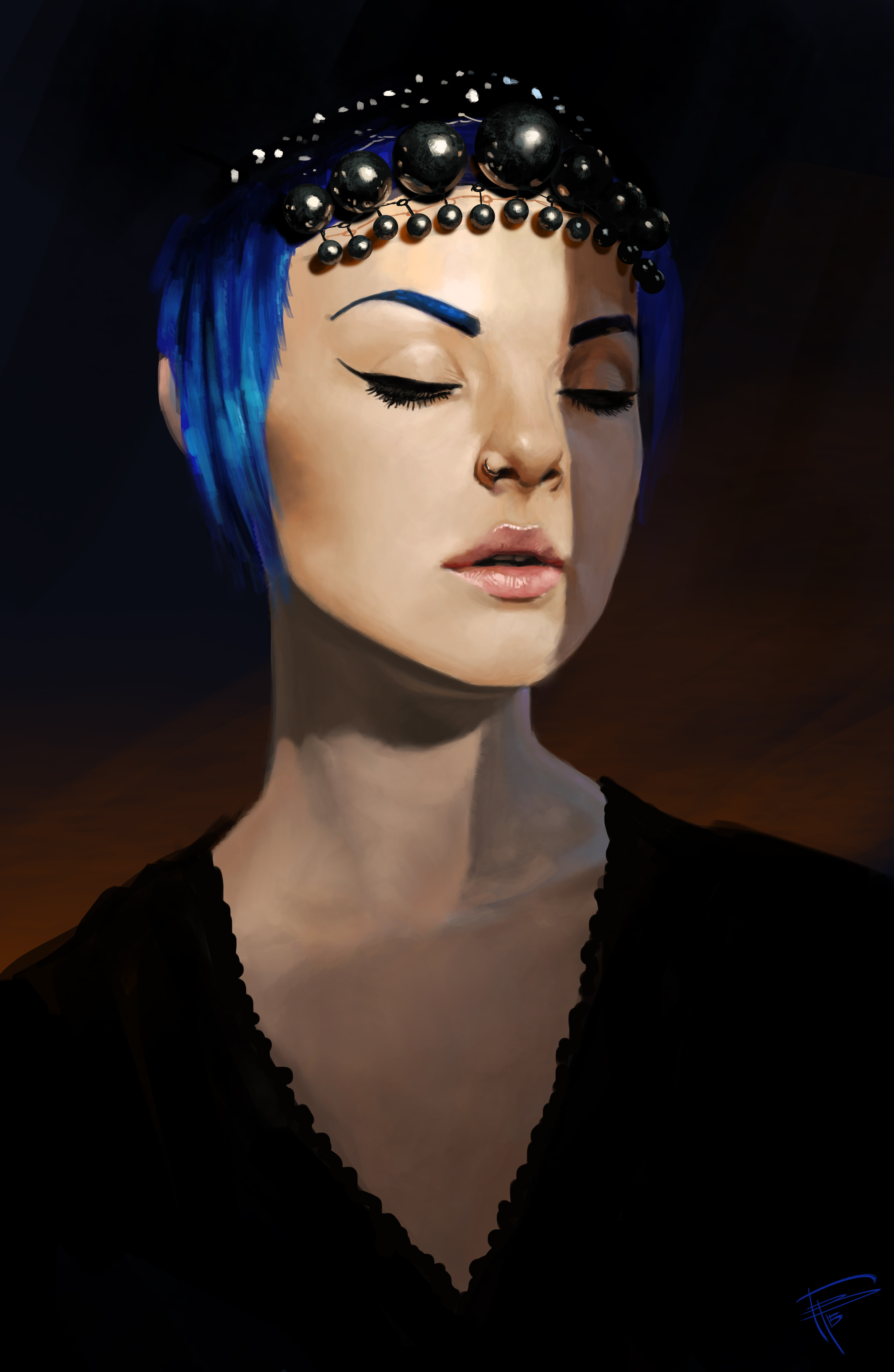 ArtStation Drawing Portrait Display Blue Hair Closed Eyes Portrait Digital Art Digital Painting Wome 3523x5400