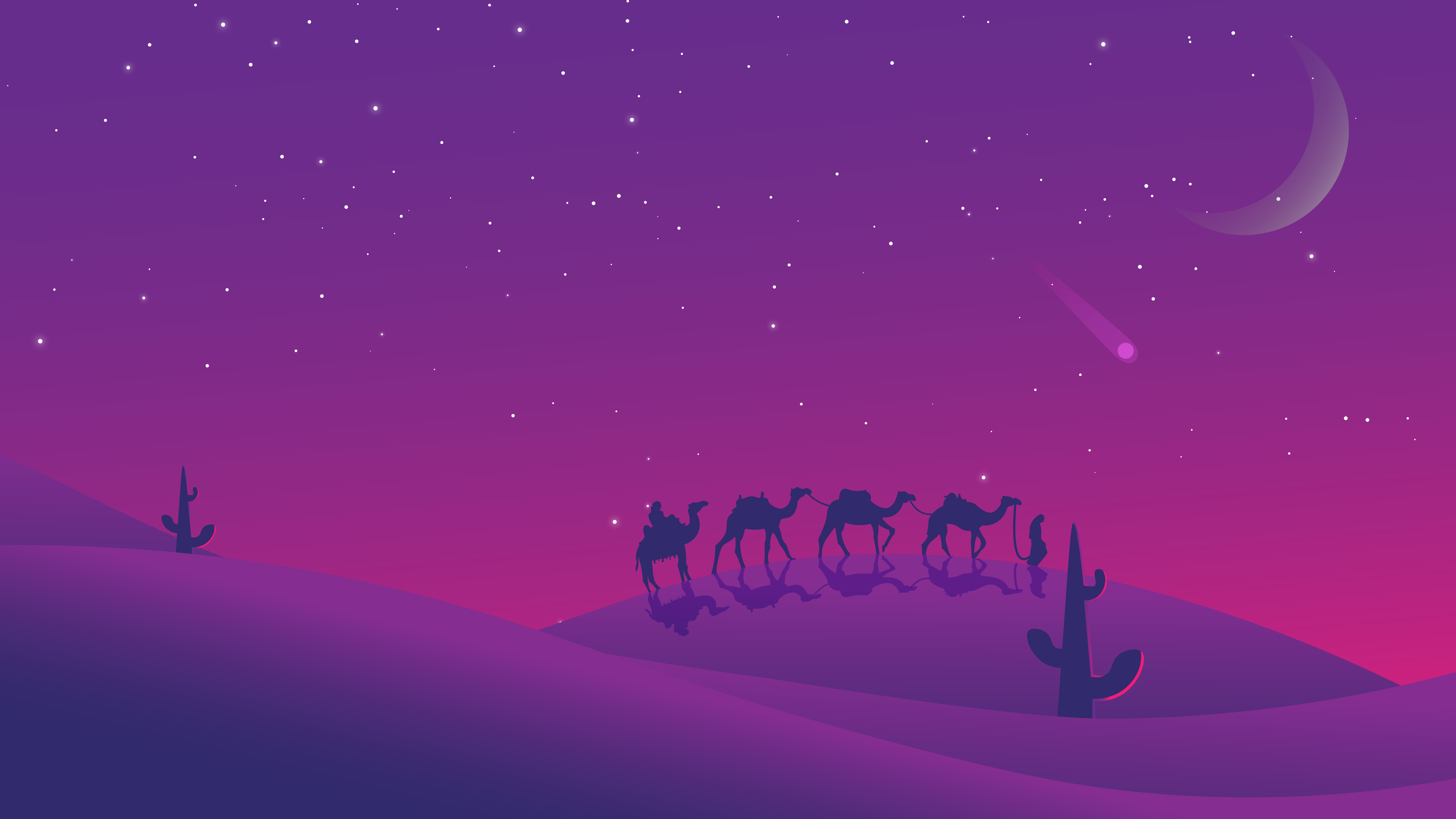 Landscape Desert Night Shooting Stars Purple Background 7680x4320