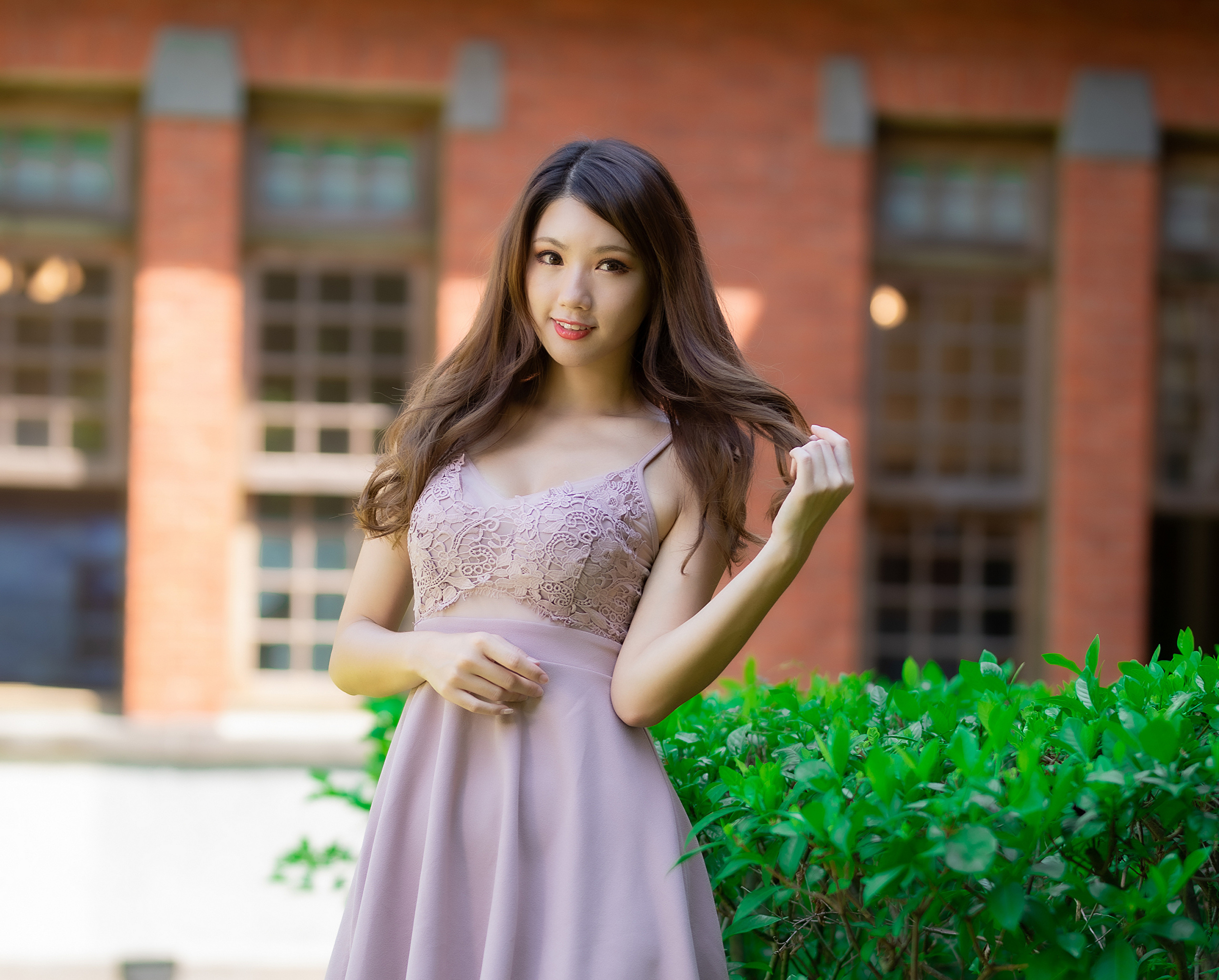 Asian Model Women Long Hair Brunette Dress Bushes Building Depth Of Field 2560x2058