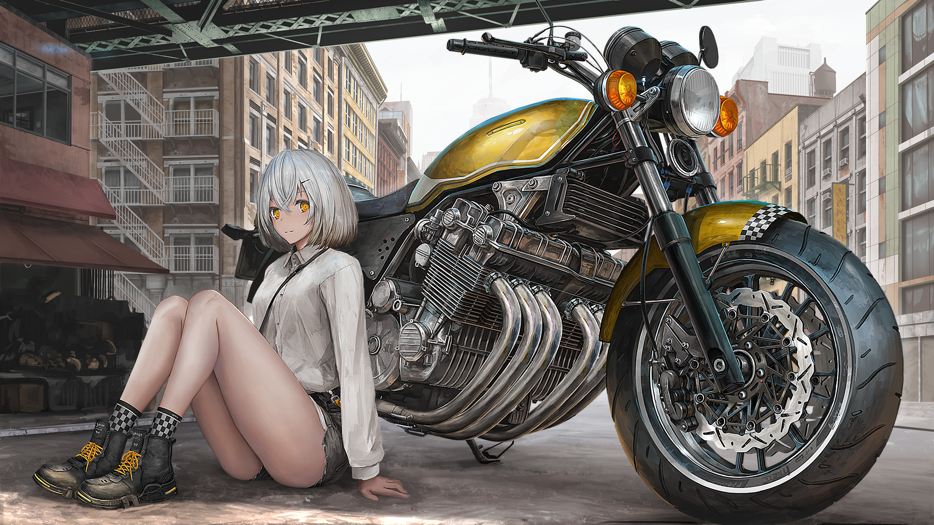 Anime Anime Girls Digital Art Artwork 2D Portrait Motorcycle Nihoshi Sitting Short Hair Silver Hair  1920x1080