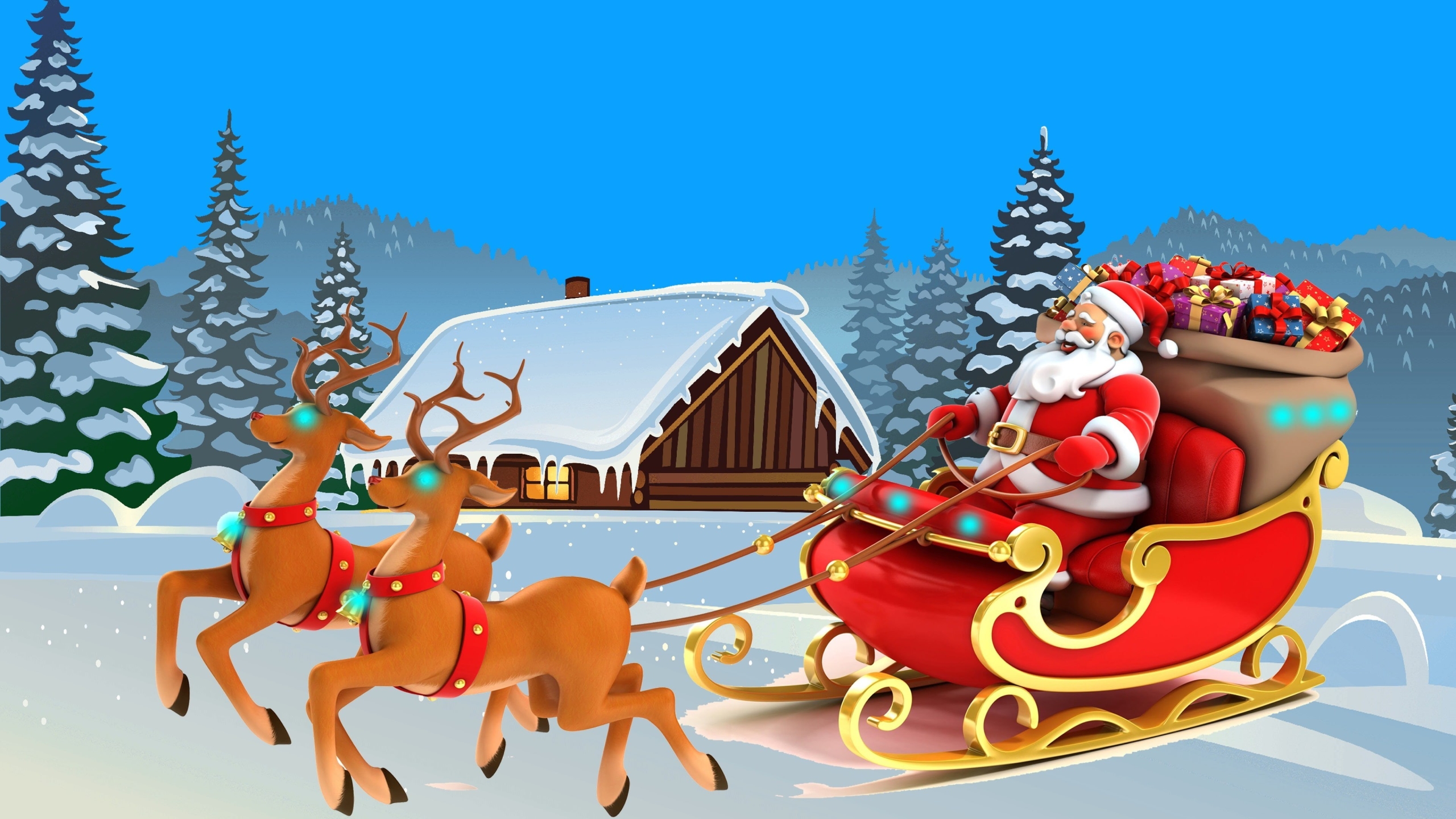 Cabin Reindeer Santa Sleigh Snow Tree 2560x1440