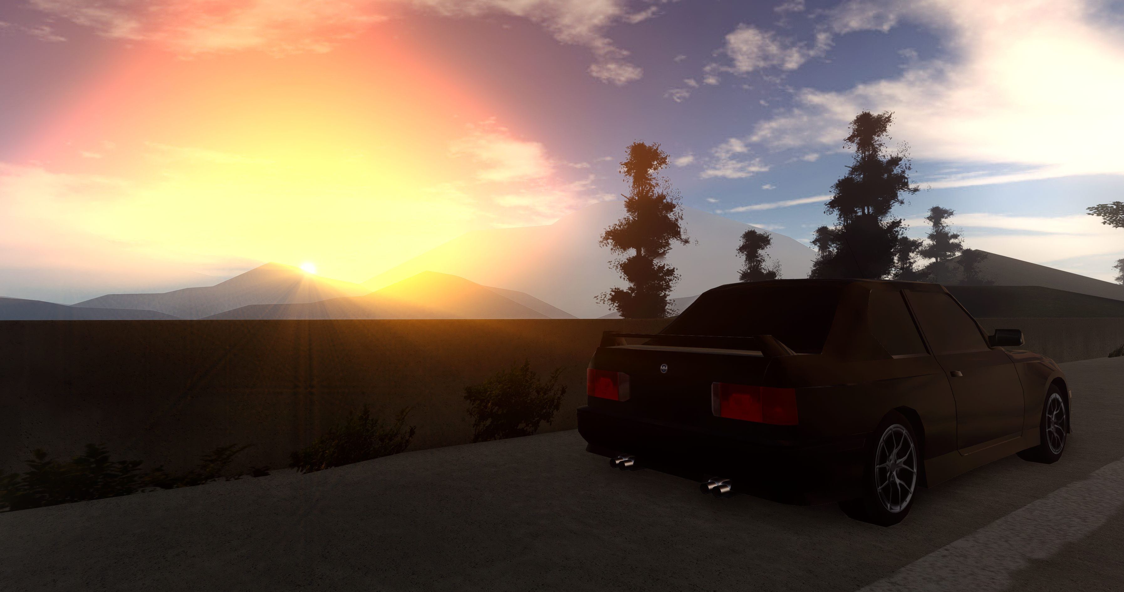 Bmw E30 M3 Sunset Mountains Traffic Barrier Highway Trees Roblox Pacifico Roblox Game Clouds 3588x1892