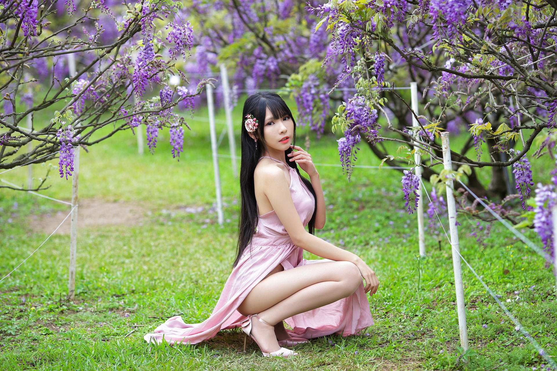 Asian Model Women Dark Hair Long Hair Pink Dress Vicky Grass Trees Flowers Hair Ornament Pink Heels 1920x1279