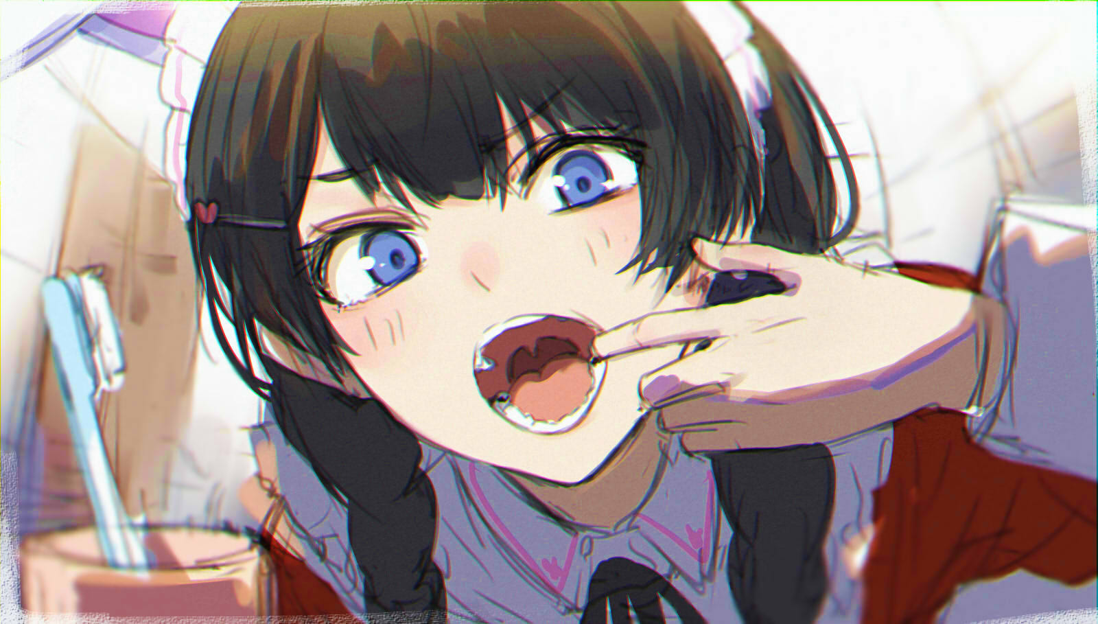 Anime Anime Girls Digital Art Artwork 2D Portrait Isshiki Black Hair Blue Eyes Open Mouth Reflection 1600x909