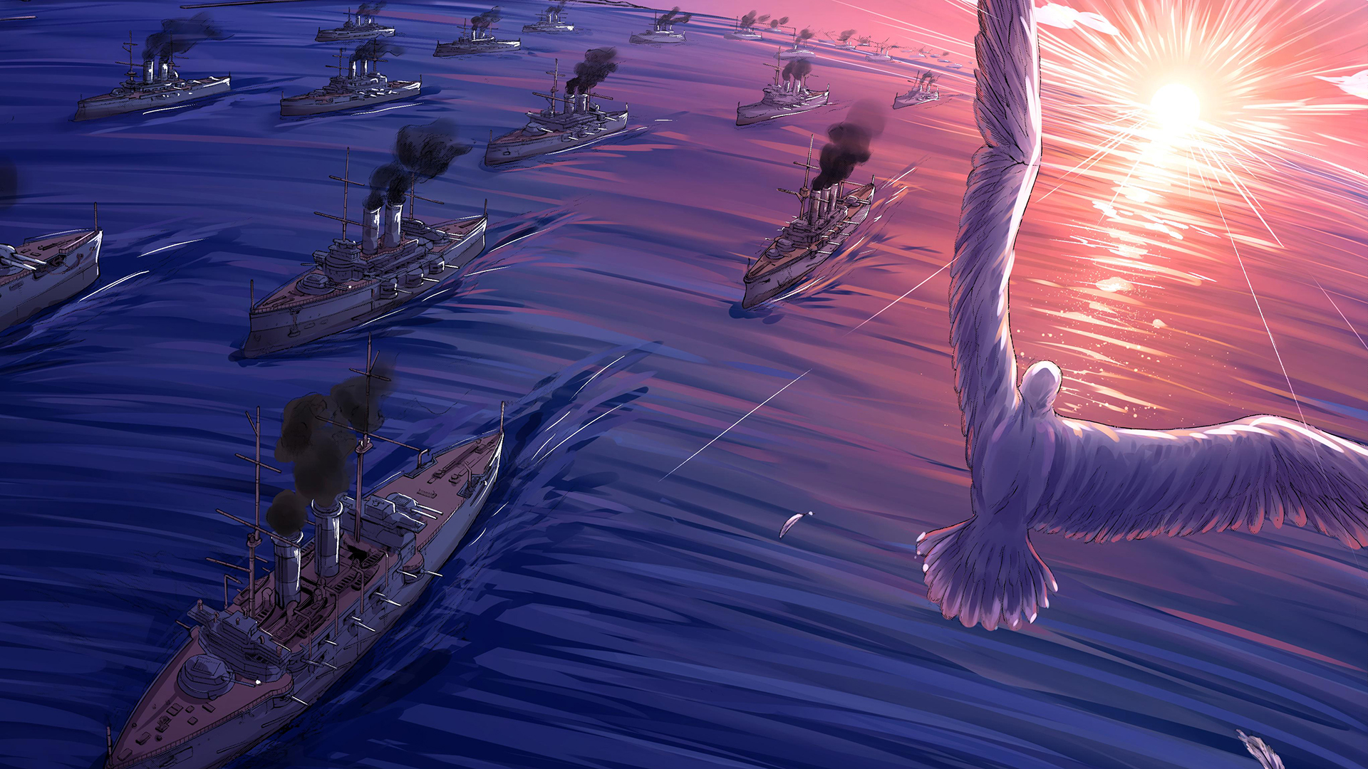 Water Battleships Birds Sunset 1920x1080