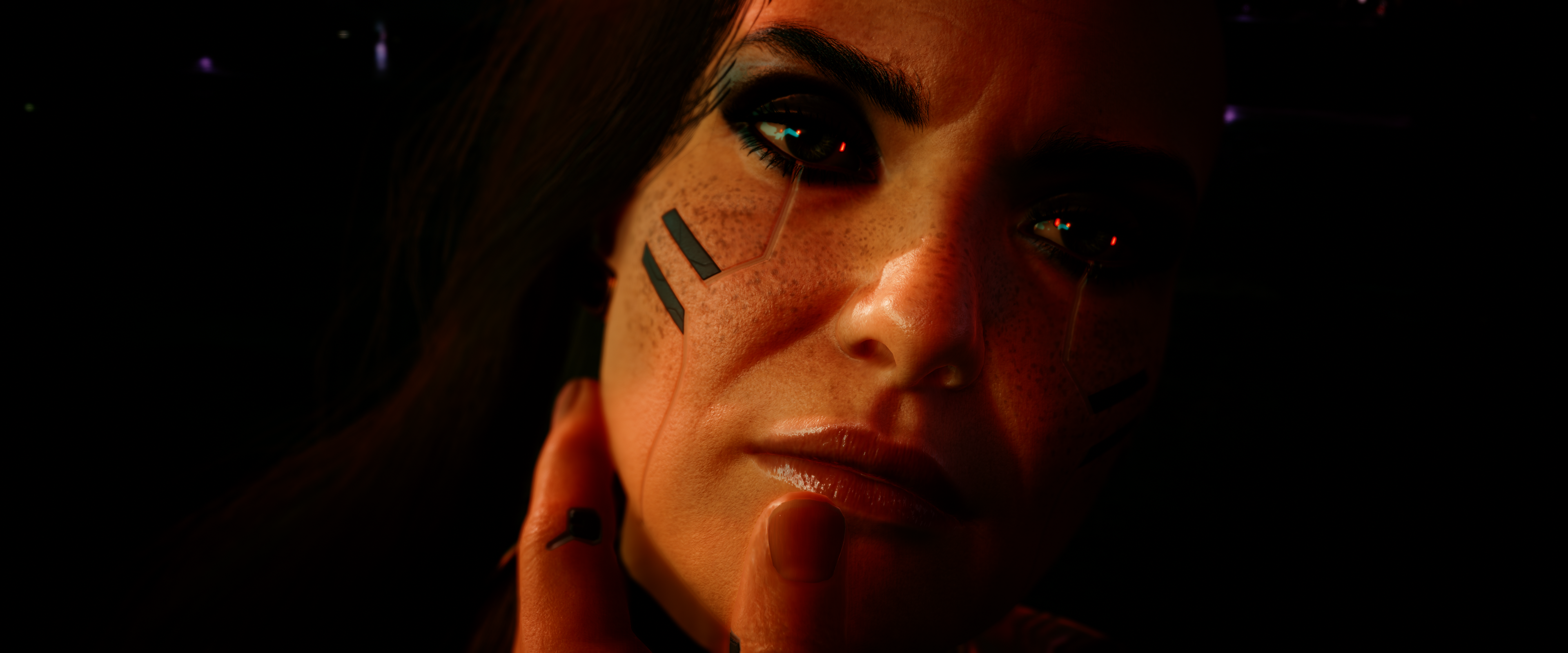 Cyberpunk 2077 Cyberpunk Video Games Face Women PC Gaming Dark Eyes Smoky Eyes Screen Shot Red Lipst 3840x1600