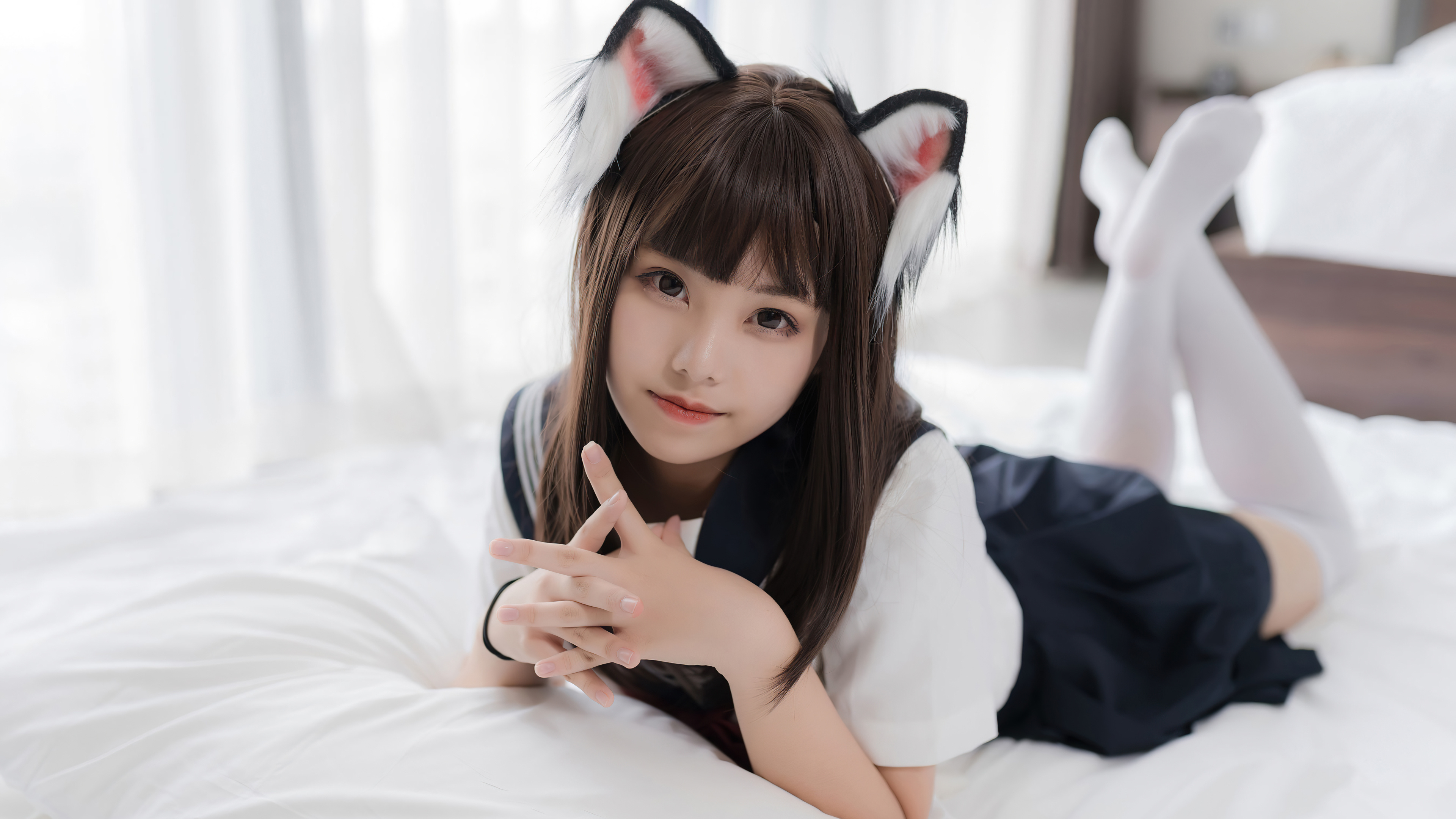 Asian Cosplay School Uniform Legs In The Air Animal Ears Women In Bed Long Hair 3840x2160