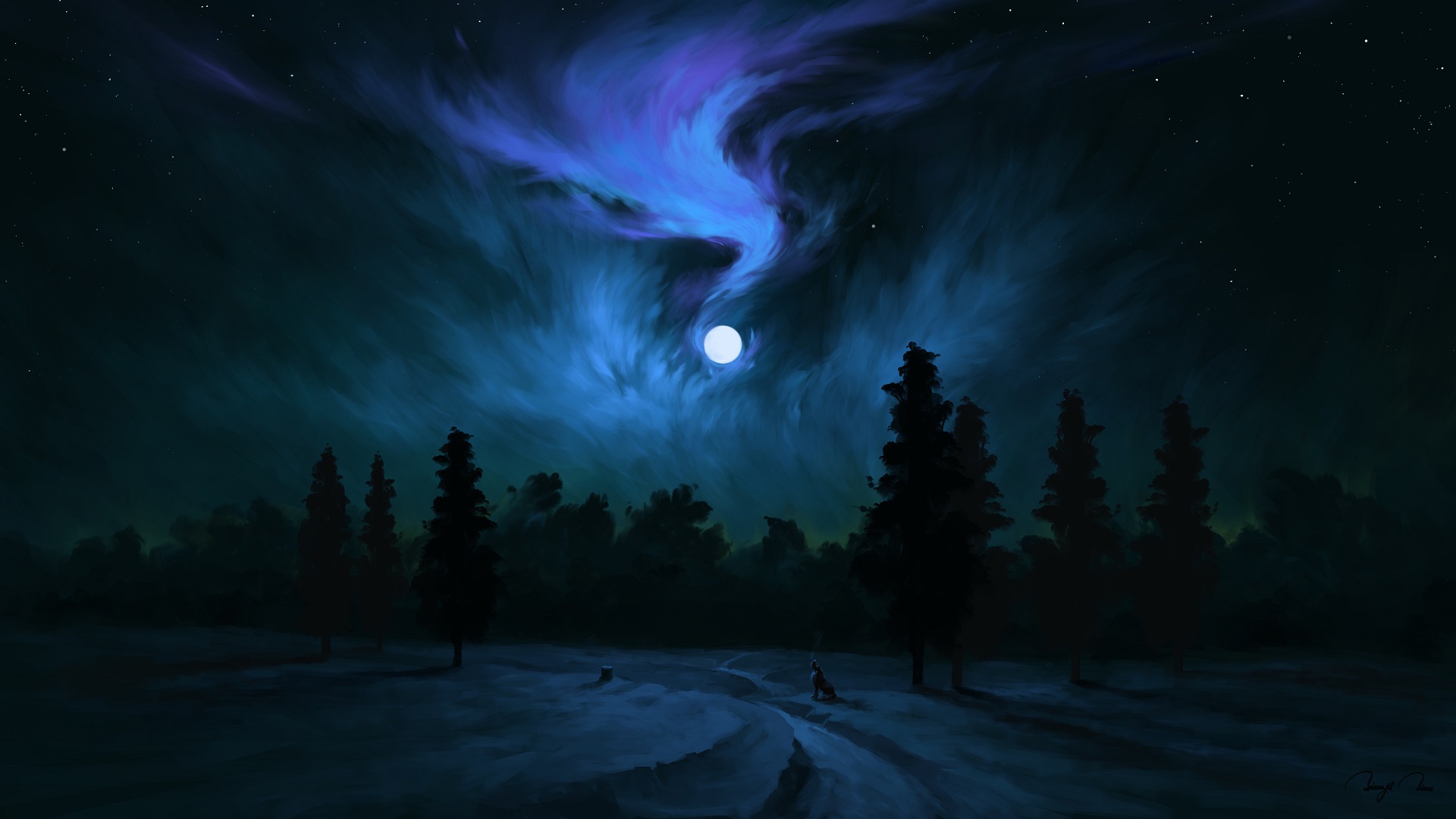Digital Painting Night Moon Wolf Landscape BisBiswas 1920x1080