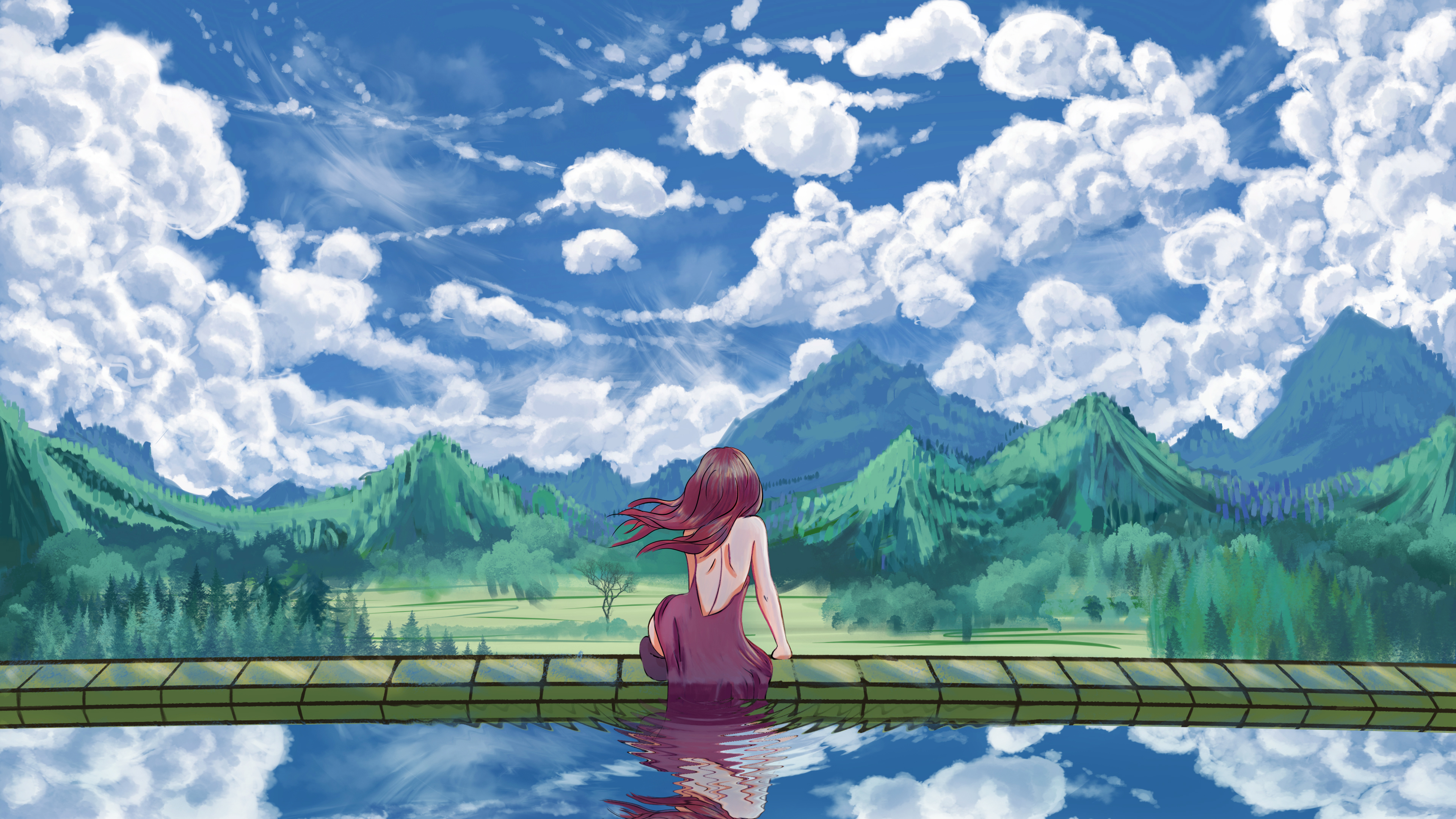 Landscape Clouds From Behind Back Hair Blowing In The Wind Reflection Swimming Pool Outdoors Women O 3840x2160