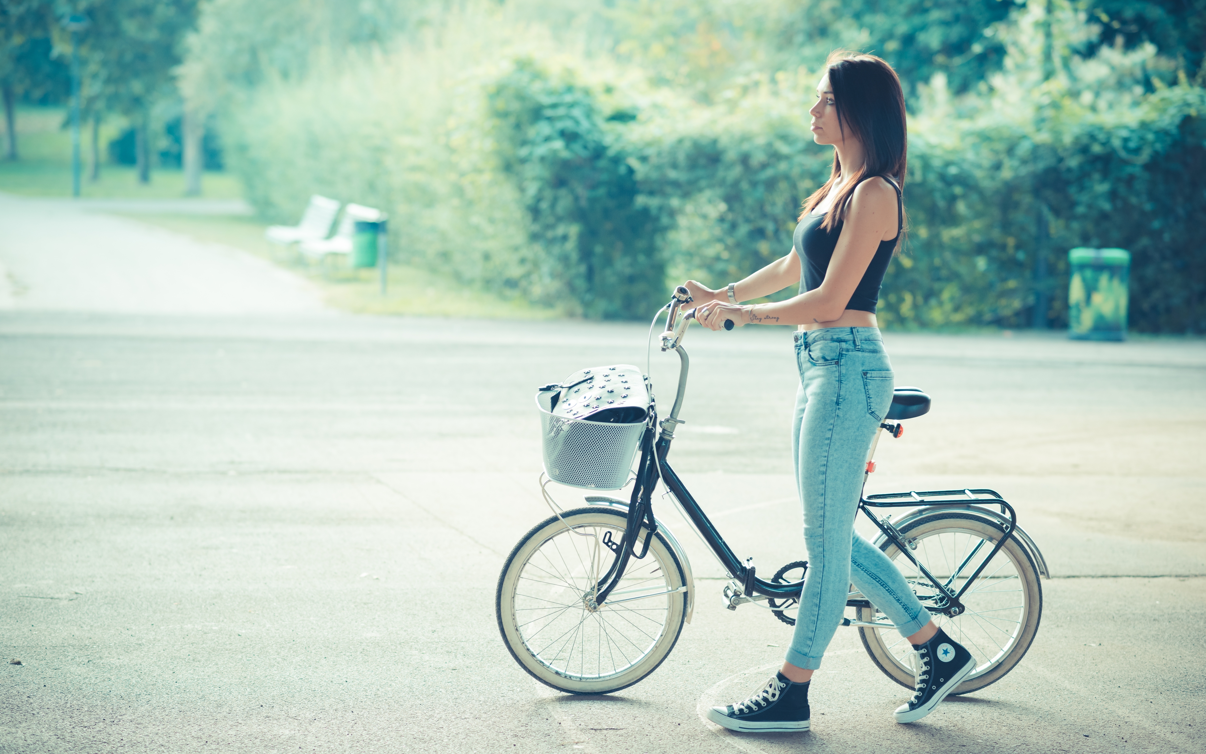 Women Women With Bicycles Bicycle Crop Top Long Hair Brunette Bare Midriff Converse 4K 3840x2400