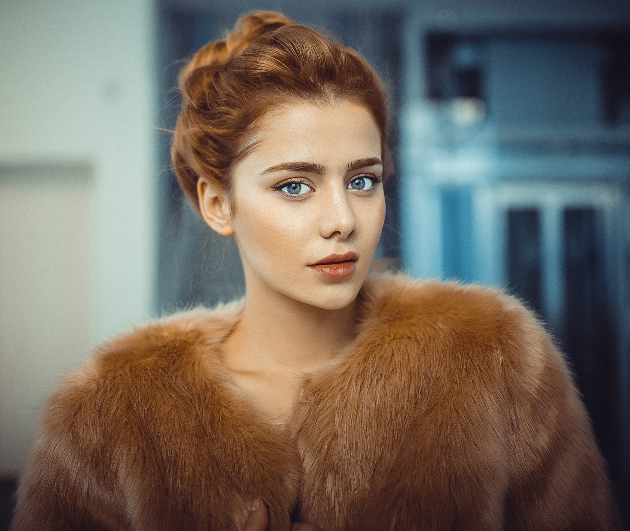 Women Model Brunette Long Hair Women Indoors Face Martin Krystynek Hairbun Fur Coats Blue Eyes Aubur 2100x1772