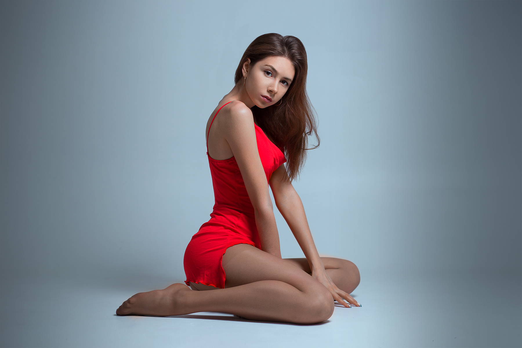 Aleksey Lozgachev Women Brunette Long Hair Looking At Viewer Dress Red Clothing On The Floor Studio  1800x1200