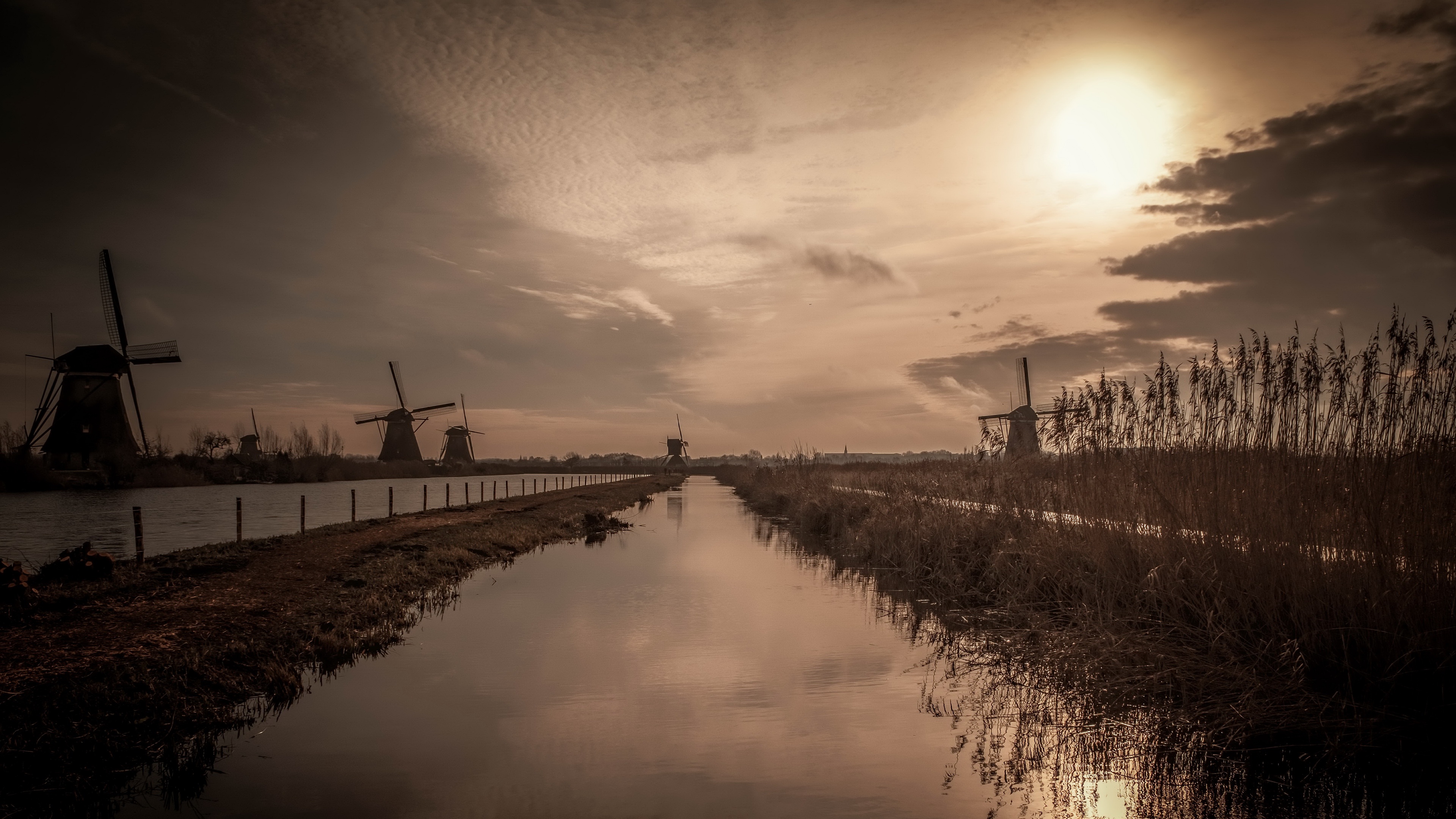 Water Windmill Sky Sun Outdoors Kinderdijk 3840x2160