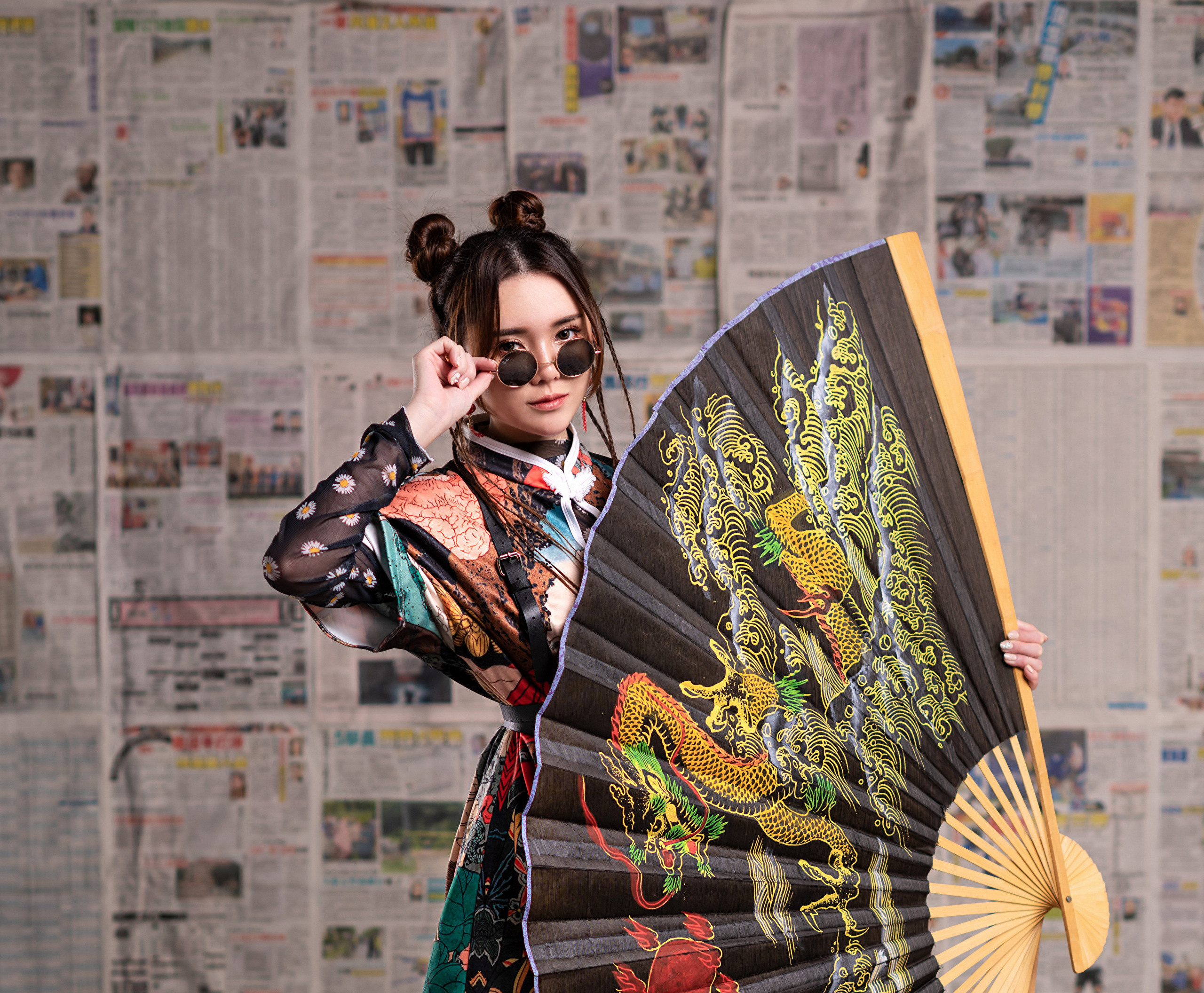 Asian Model Women Brunette Traditional Clothing Sunglasses Hair Knot Hand Fan Newspapers 2560x2112