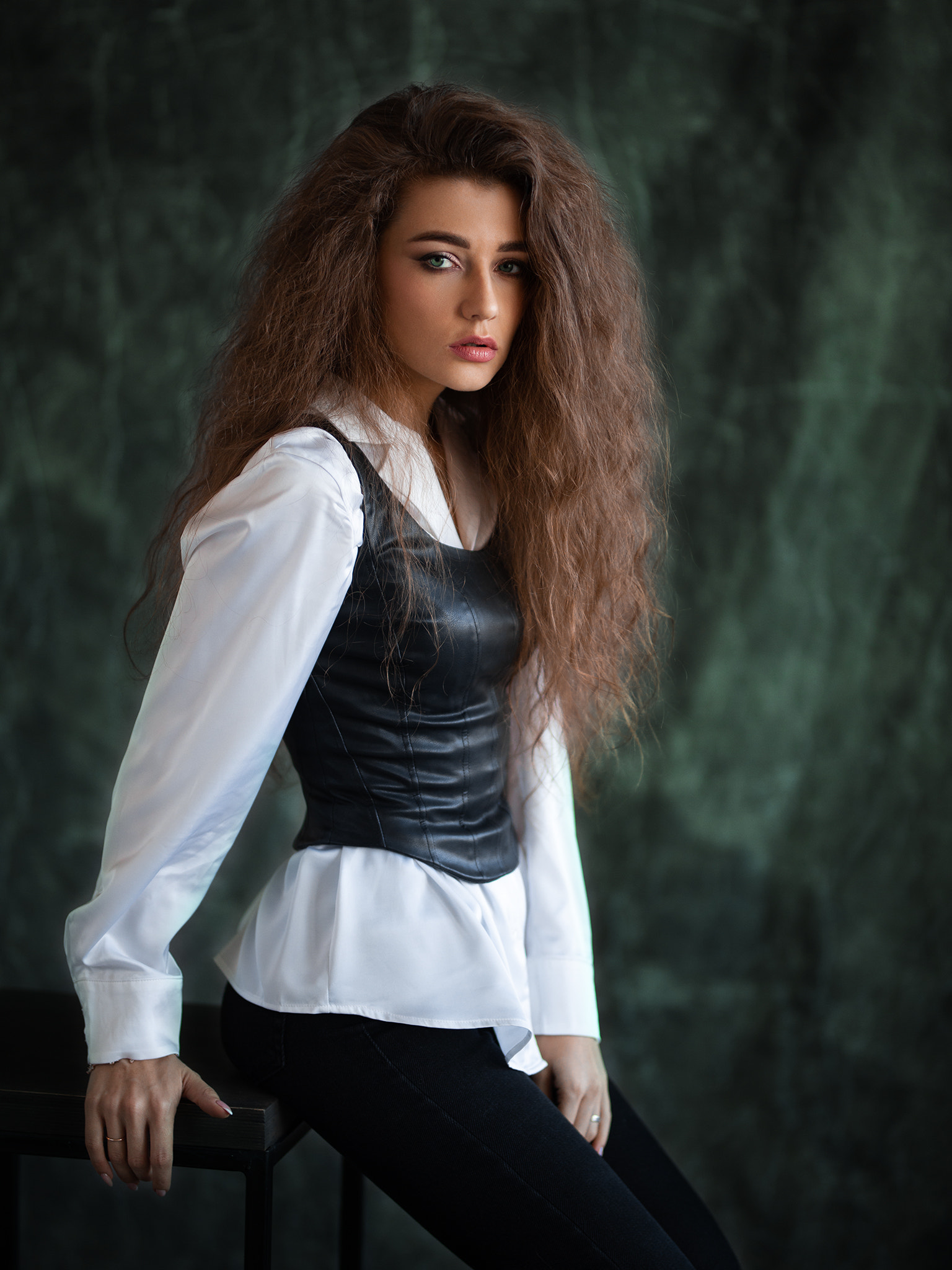 Dmitry Sn Women Brunette Long Hair Green Eyes Looking At Viewer Vest White Clothing Leather Studio D 1536x2048