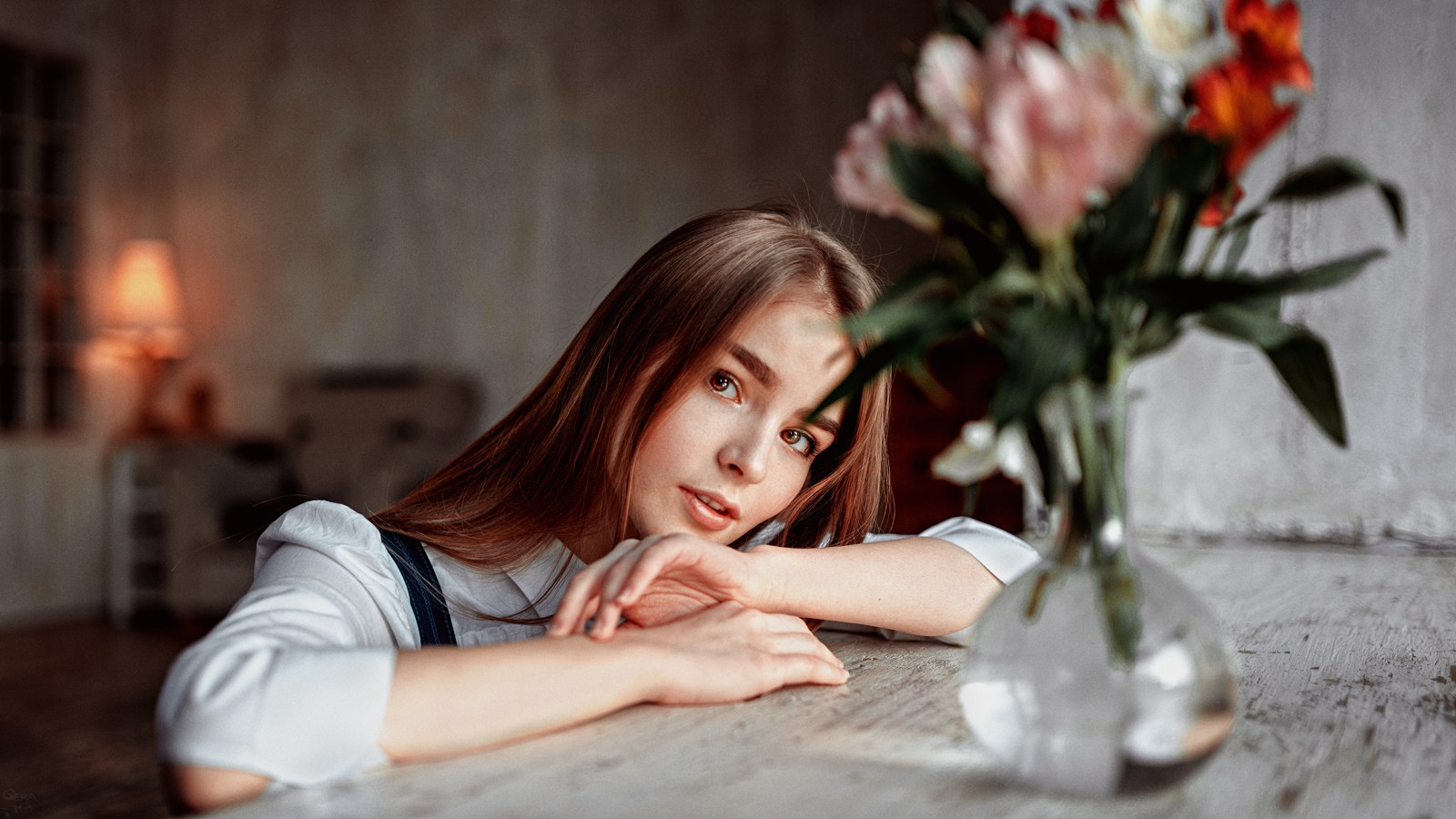 Flowers Looking At Viewer Women Women Indoors Indoors Vasilisa Sarovskaya 1600x900