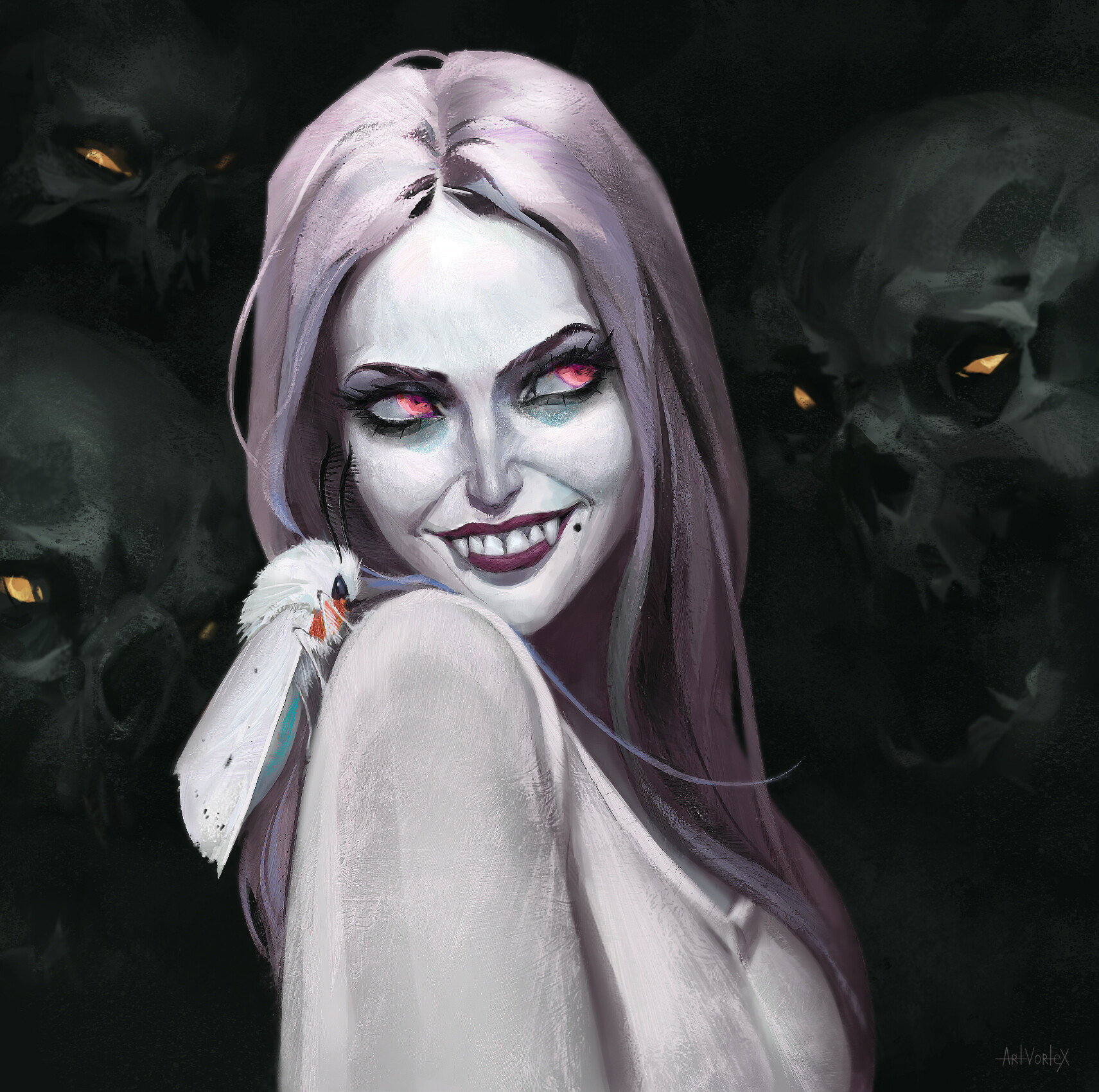 ArtVorteX Holopainen Skull Face Fangs Vampires Drawing Artwork Looking Away Women ArtStation 1711x1700