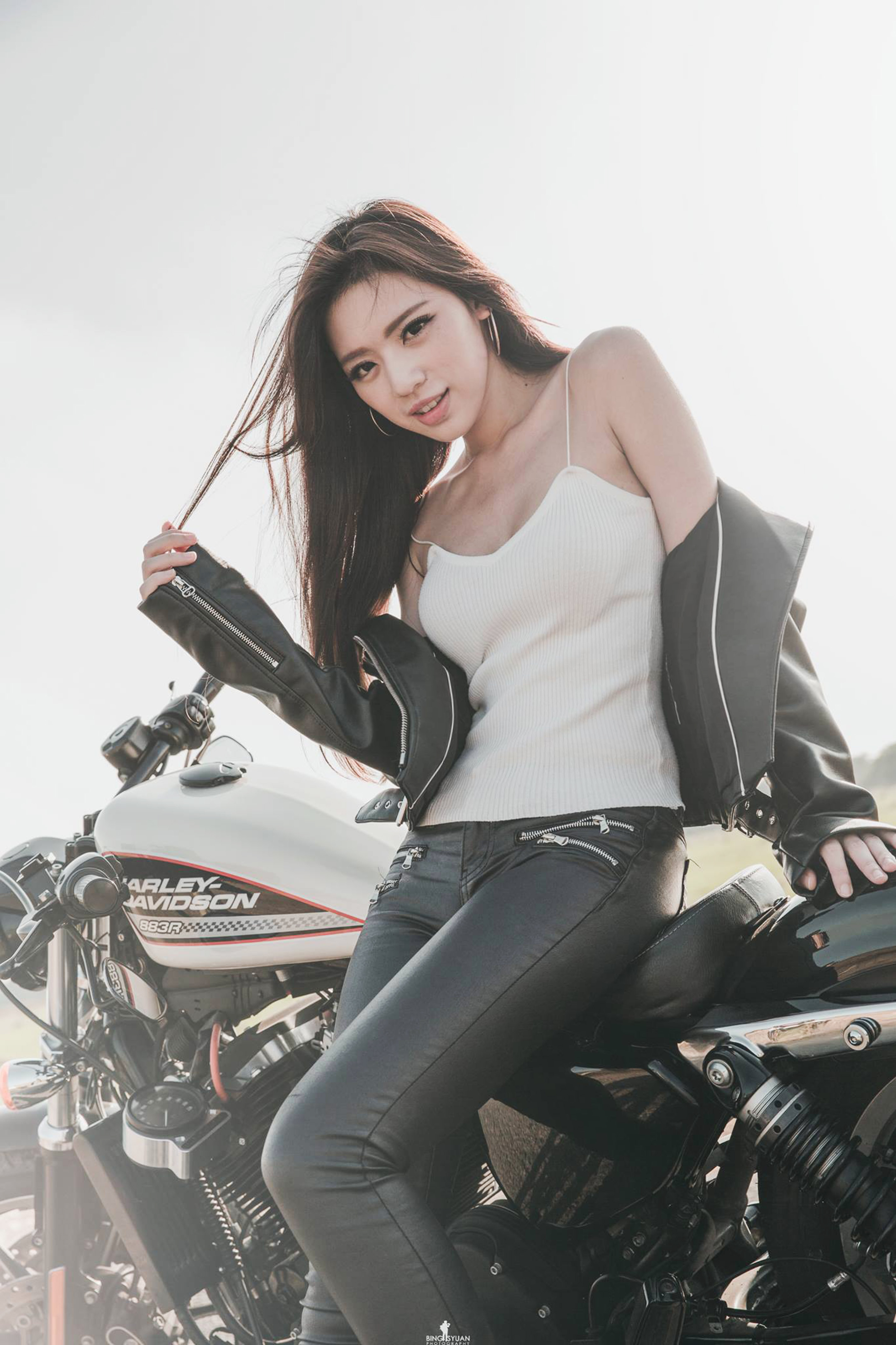 Brunette Asian Women Model Leather Pants Women With Bikes Leather Jackets Holding Hair Motorcycle Ta 2844x4267
