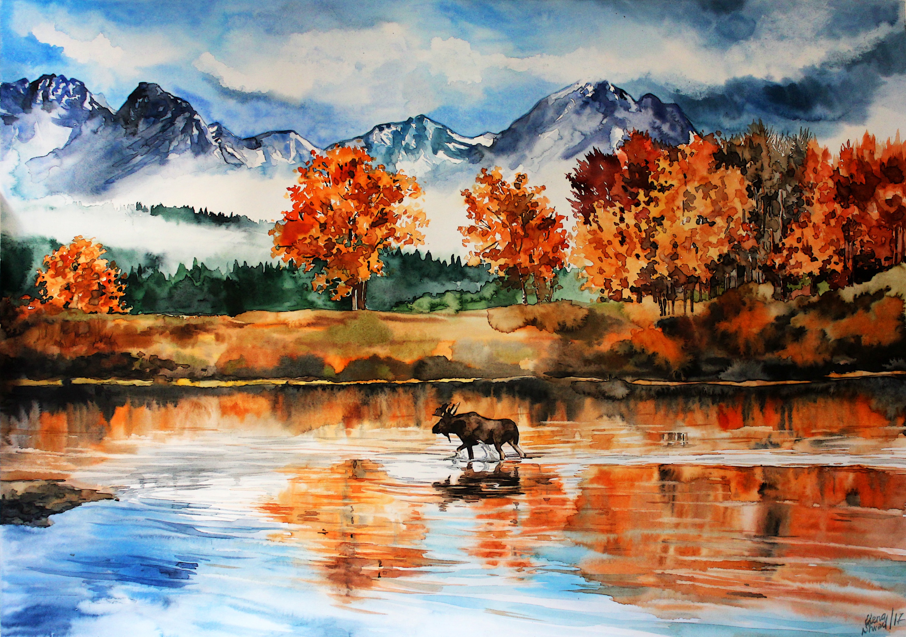 Elk Fall Lake Mountain Nature Painting Reflection Watercolor 3057x2148