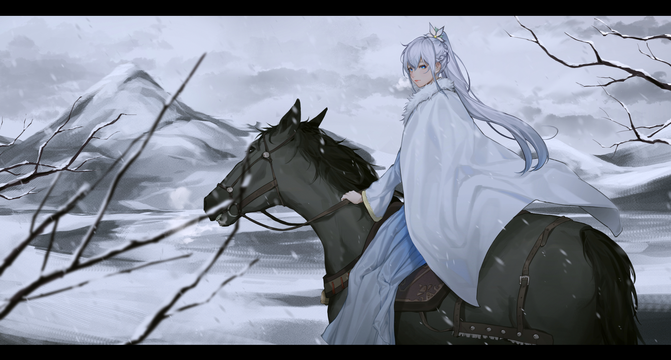 Anime Anime Girls Winter Snow Horse Long Hair Blue Eyes Mountains Flower In Hair Cloack Silver Hair  2282x1226