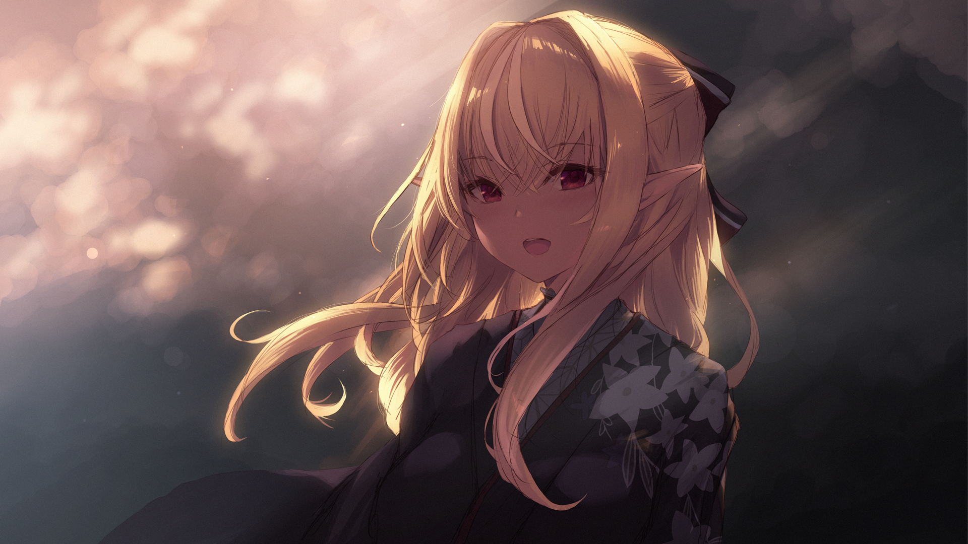 Anime Girls Hololive Shiranui Flare Cait Red Eyes Blonde Pointy Ears Japanese Clothes Kimono 1920x1080