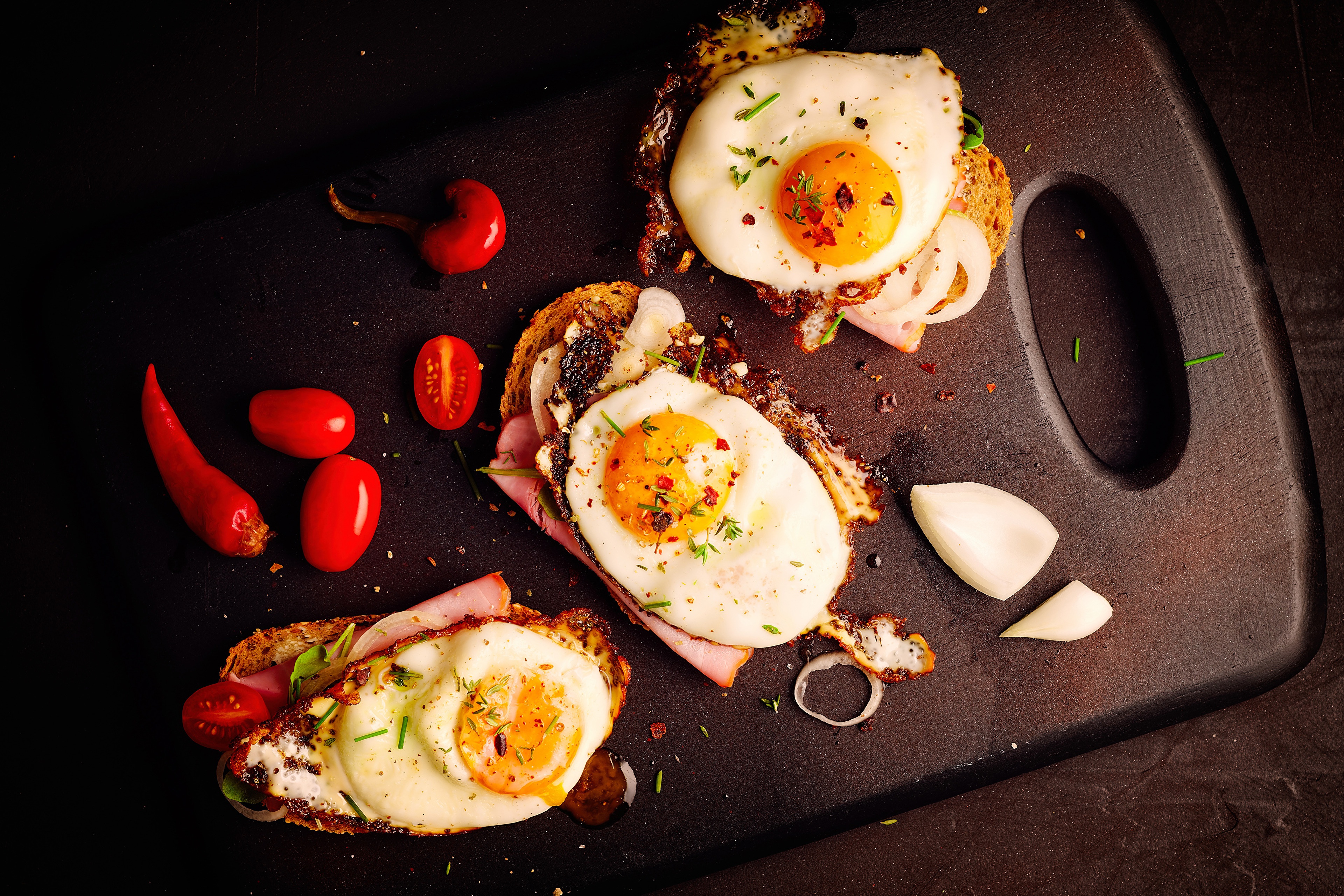Food Still Life Eggs Cutting Board Tomatoes Chilli Peppers Toast 3840x2560