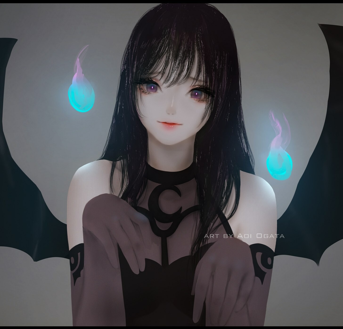 Anime Anime Girls Aoi Ogata Blue Flames Wings Black Hair Gray Eyes Magic Black Clothing Black Clothe 1456x1395