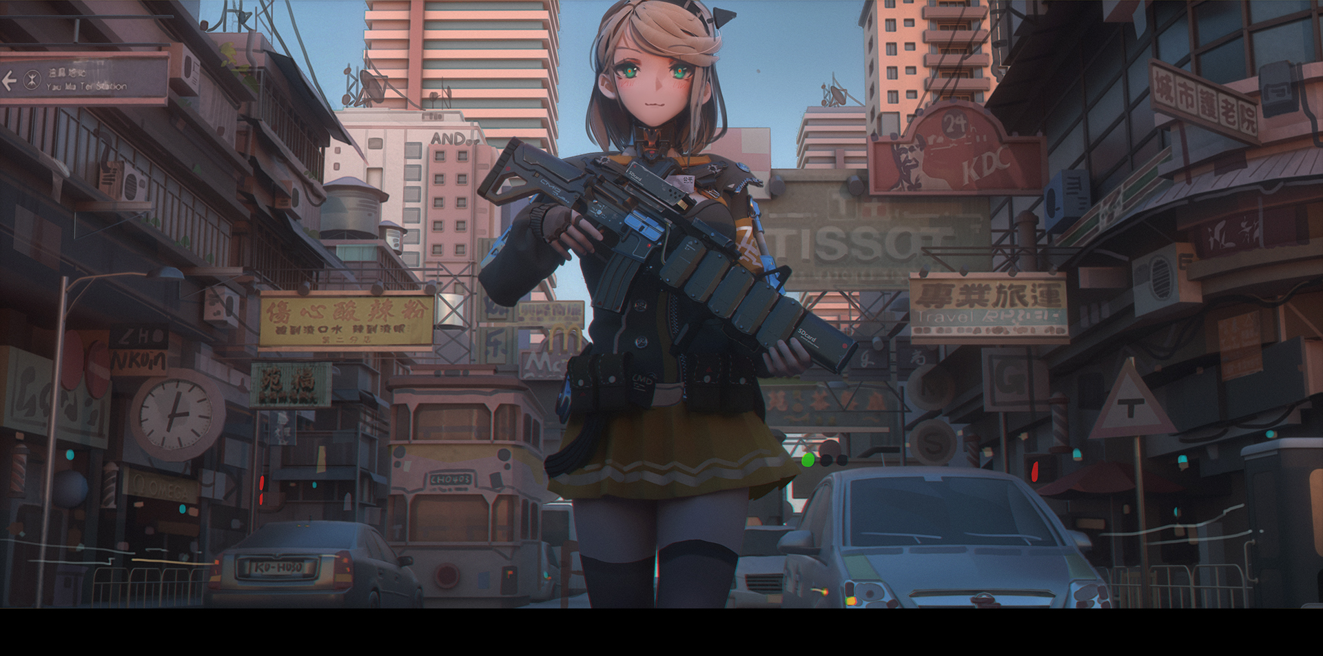 T5 Anime Girls Girl With Weapon Frontal View Urban Traffic Opel Cadillac Buses 1920x952