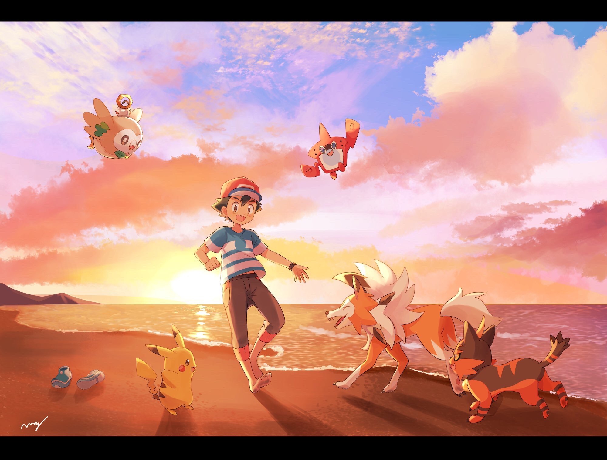 Ash Ketchum Barefoot Beach Boy Feet Pikachu Pokemon Rotomdex Pokemon Rowlet Pokemon Sky Sunset 2000x1517