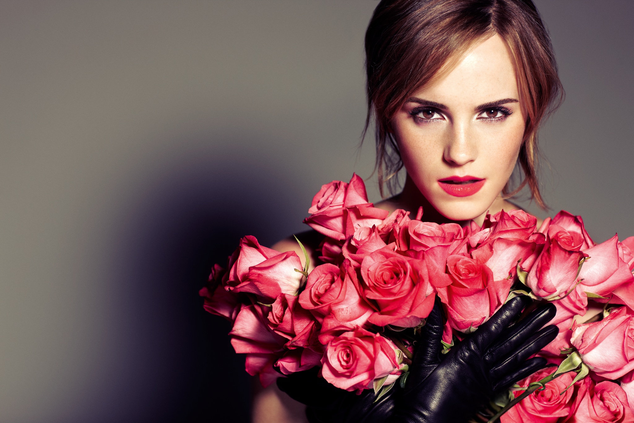 Actress Brown Eyes Brunette Emma Watson English Lipstick Pink Flower Rose 2048x1365