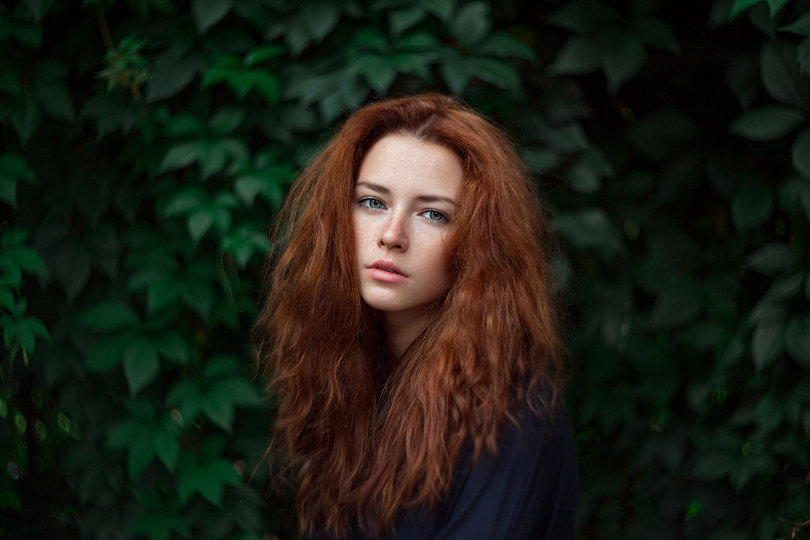 Ivan Ustinov Women Anna Zabolotskaya Redhead Long Hair Blue Eyes Freckles Plants Leaves Black Clothi 1600x1067
