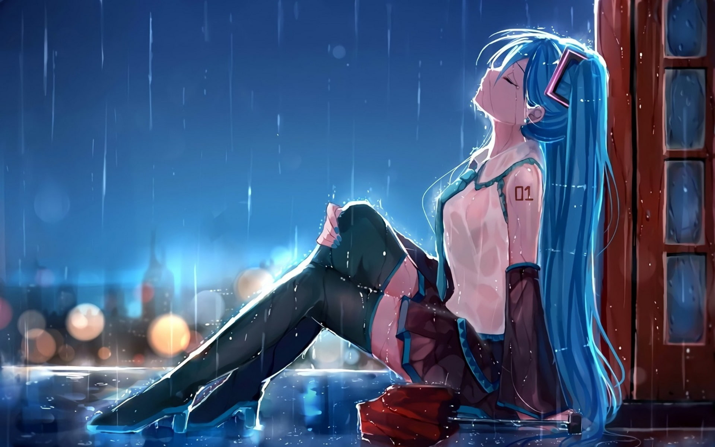 Anime Girls Closed Eyes Vocaloid Hatsune Miku Rain Wet Blue Hair ShiroKujaku 1440x900