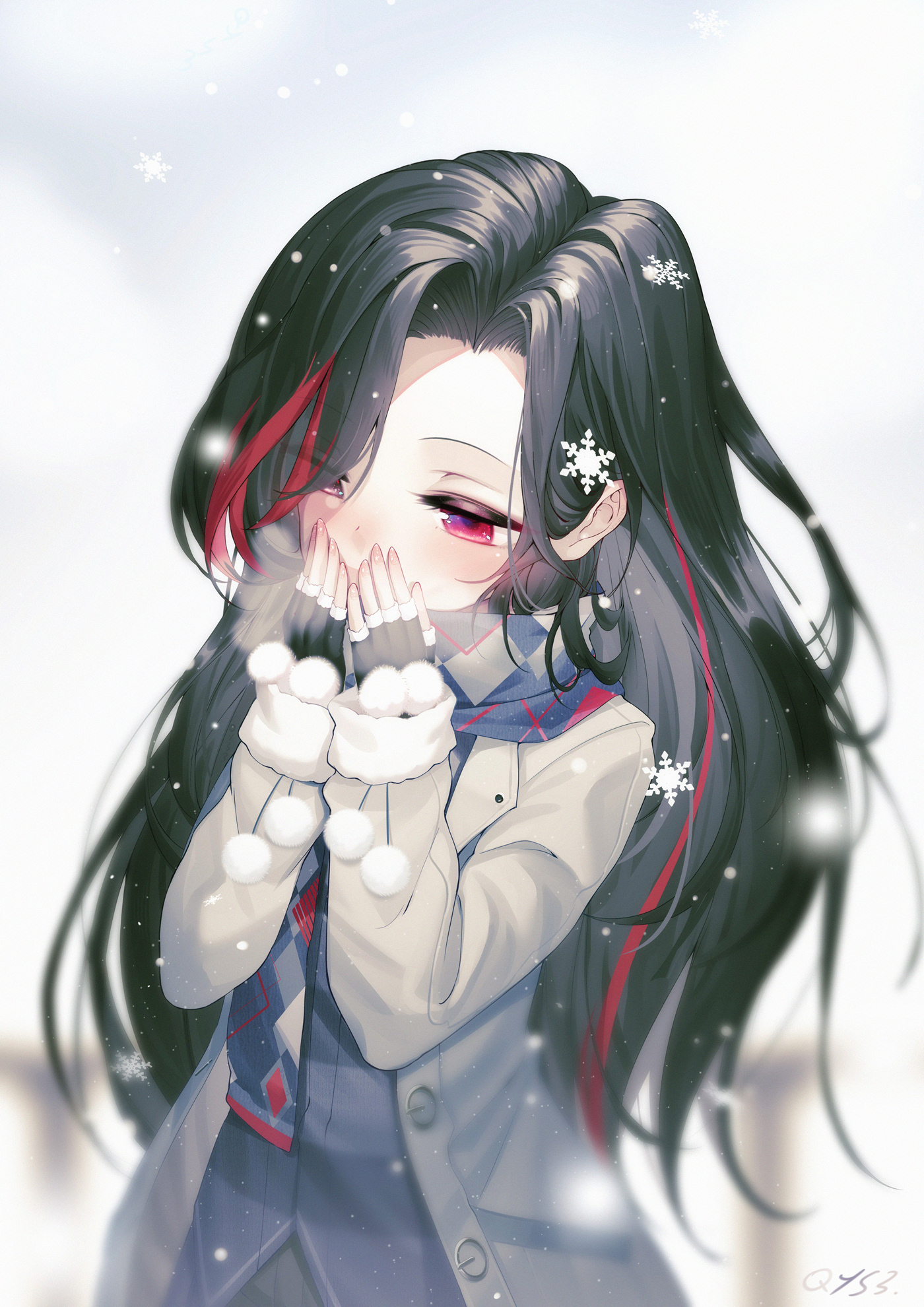 Anime Anime Girls Simple Background Original Characters Snow QYS3 Vertical Black Hair Red Eyes 1400x1980