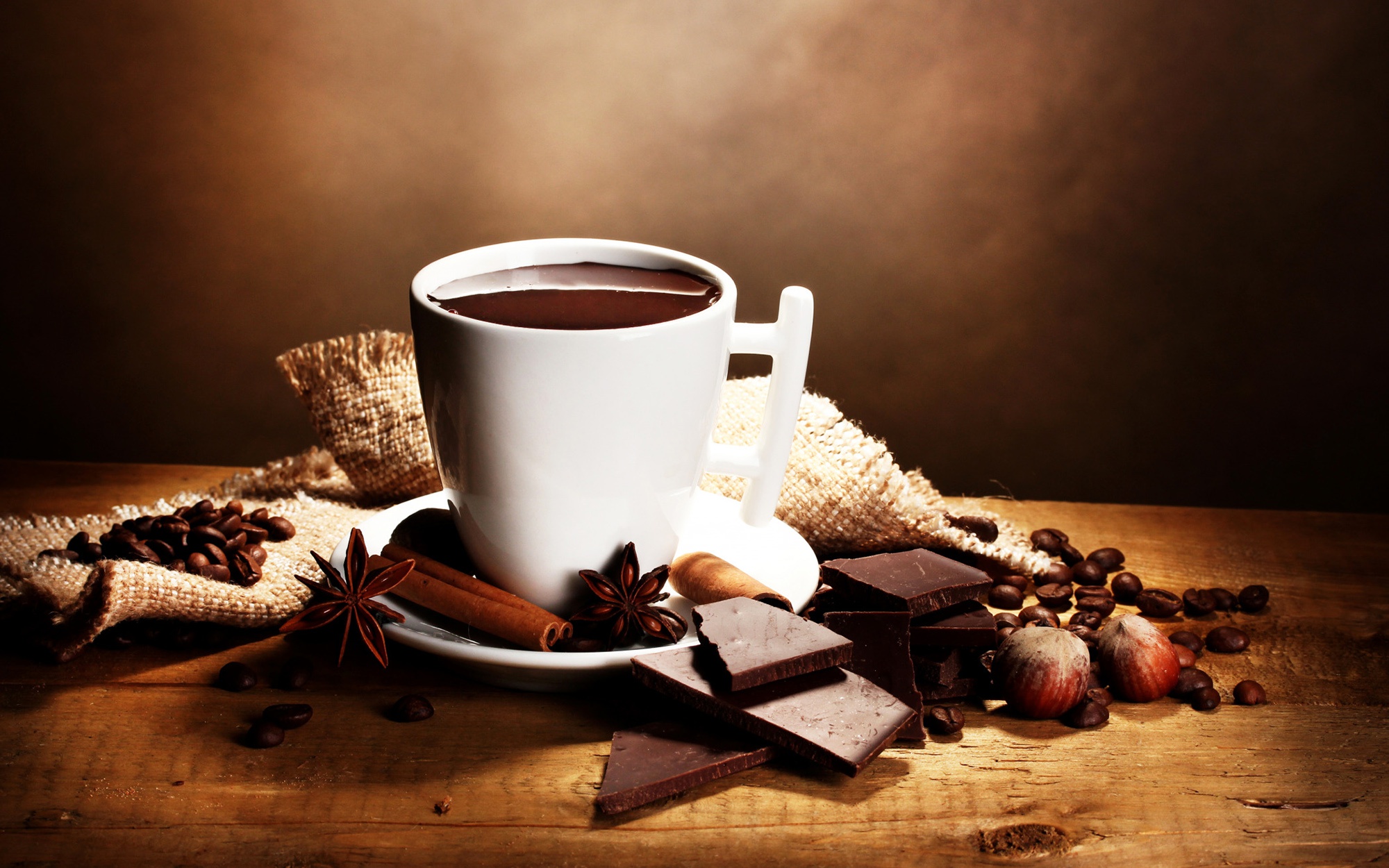 Chocolate Cinnamon Coffee Cup Star Anise Still Life 2000x1250