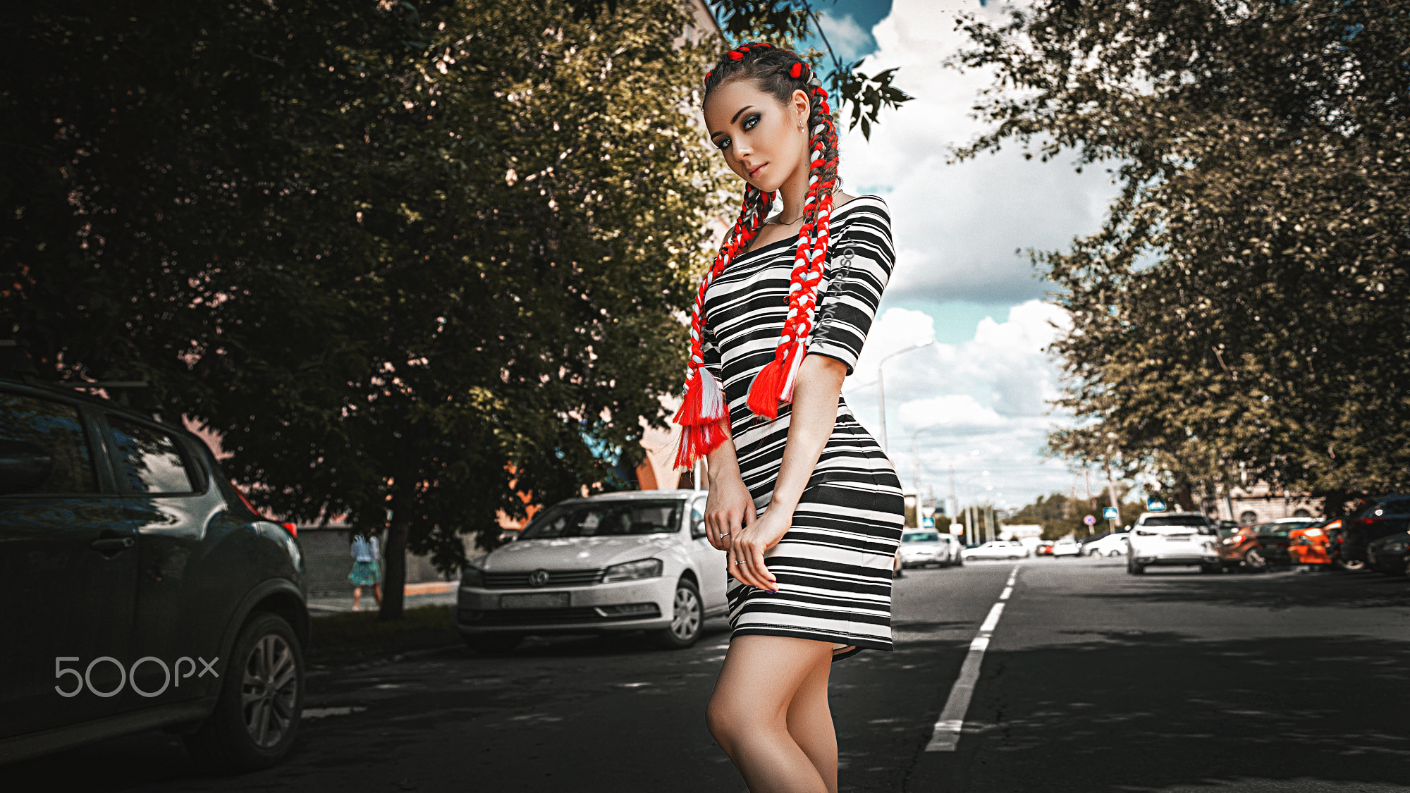 Anton Harisov Women Braids Long Hair Dyed Hair Dress Stripes Makeup Street Car 2000x1125