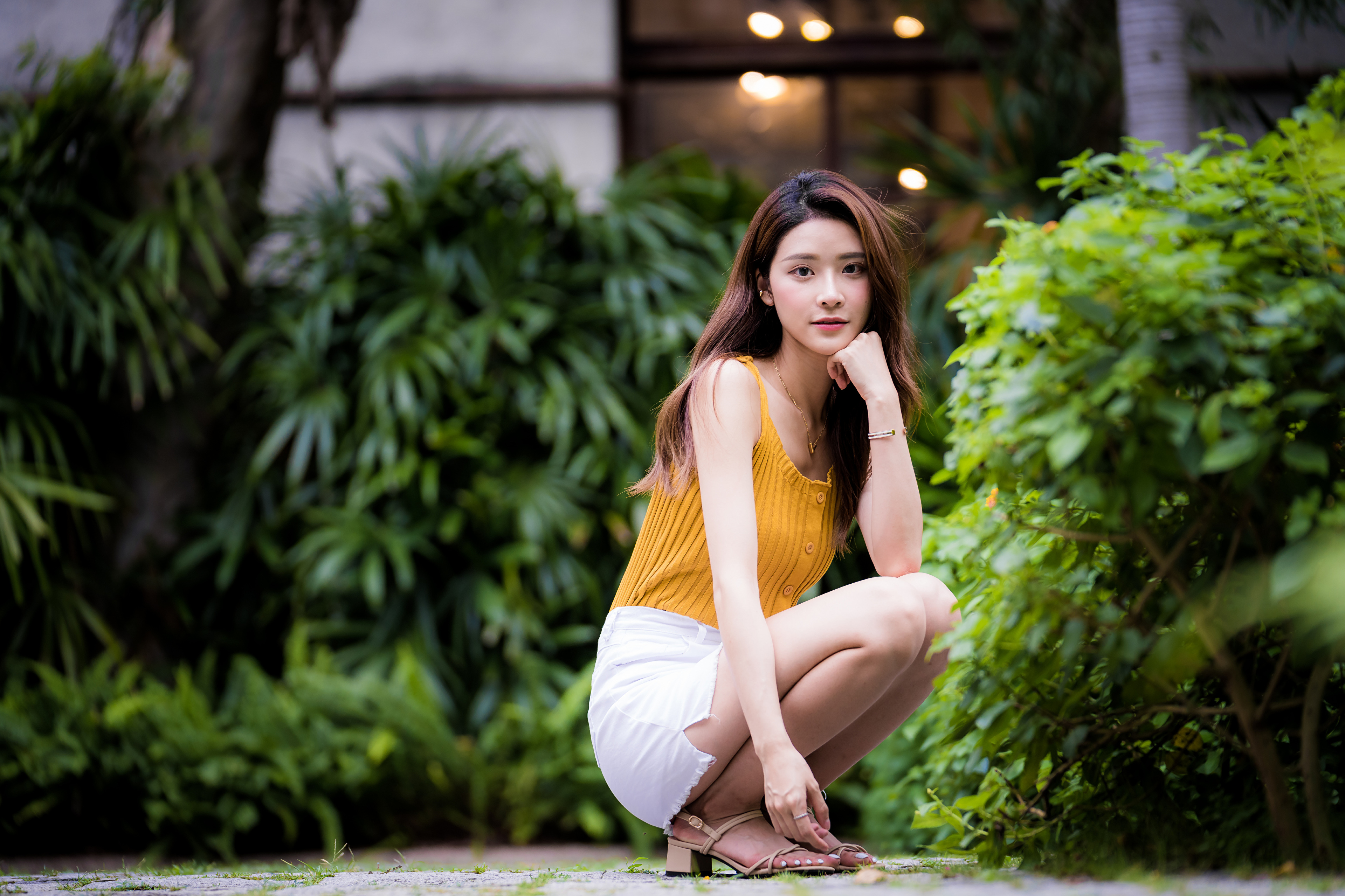 Asian Model Women Long Hair Brunette White Skirt Yellow Shirt Barefoot Sandal Bushes Depth Of Field  3840x2559