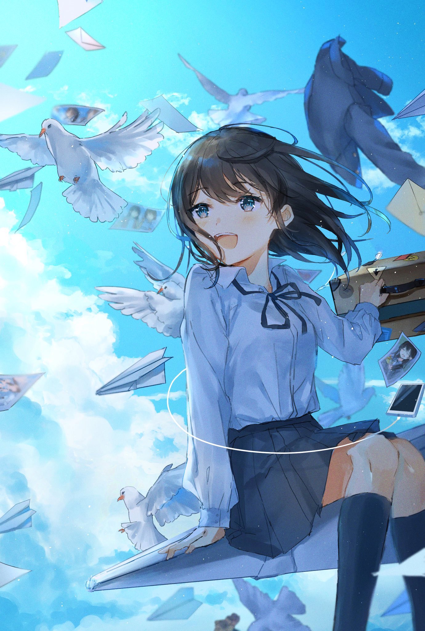 Anime Anime Girls Oyuyu Black Hair Blue Eyes School Uniform Birds Paper Planes 1381x2048