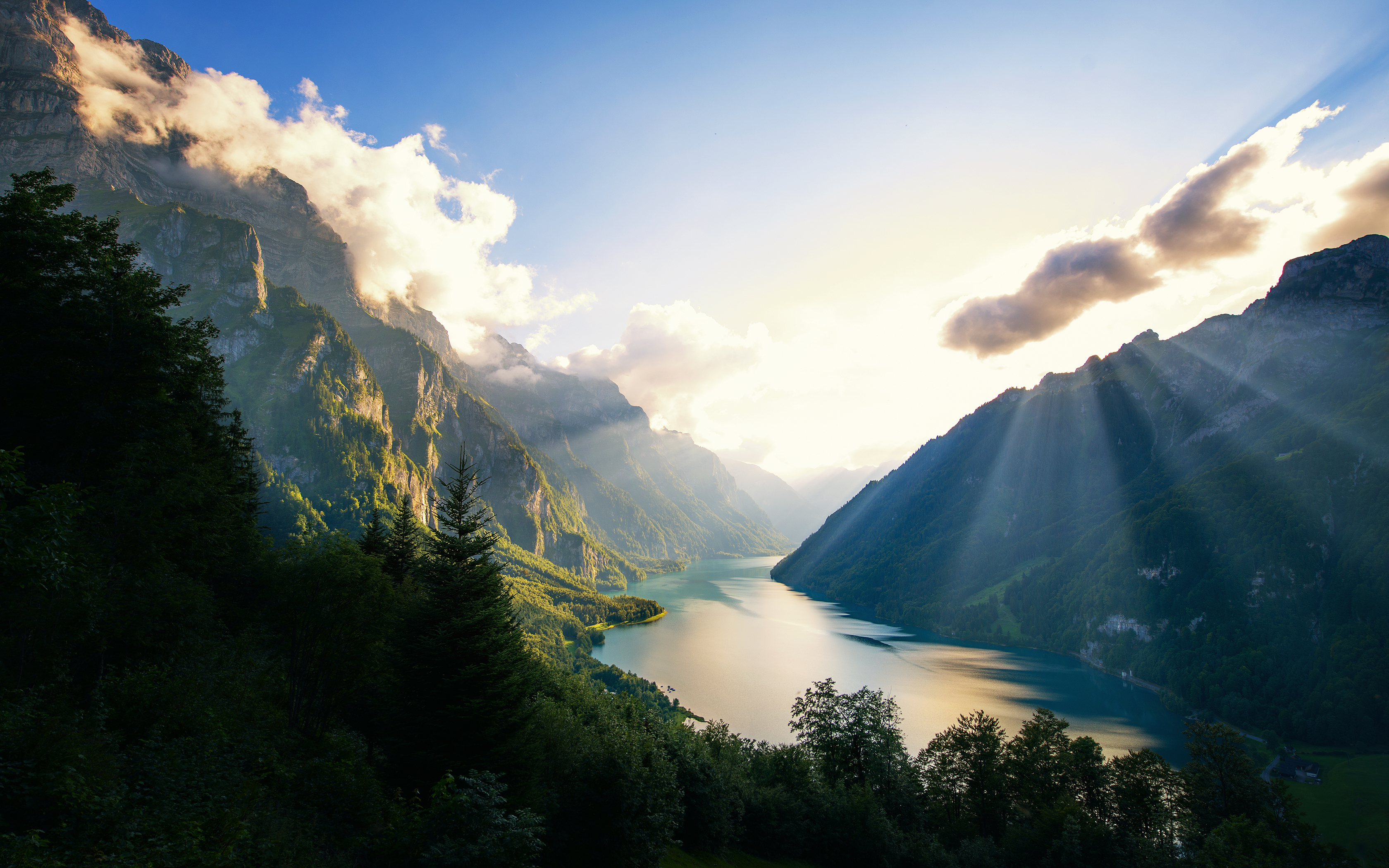 Nature Landscape Sunlight Mountains Clouds Sky Forest Lake Switzerland Swiss Alps 3360x2100