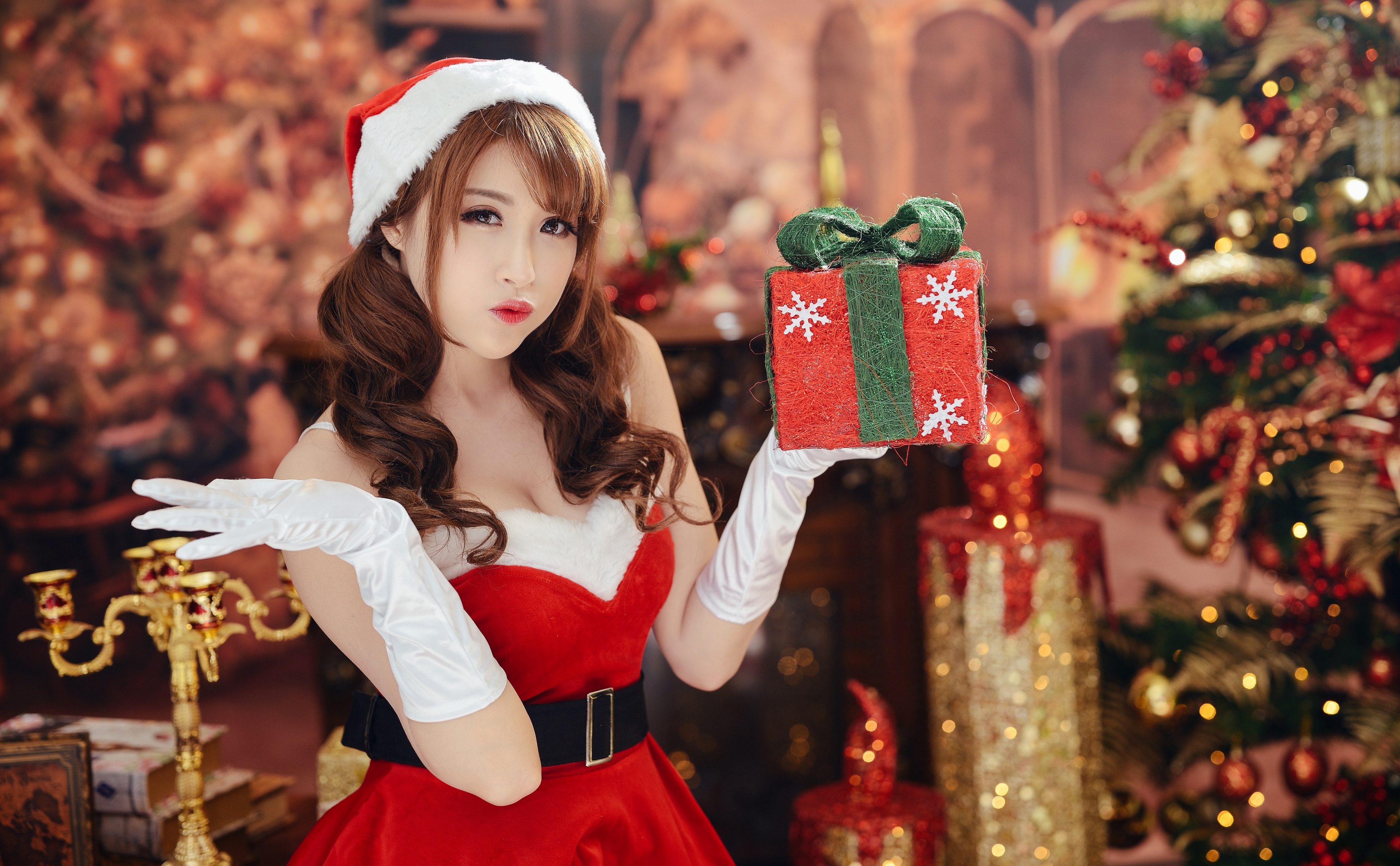 Asian Model Women Long Hair Brunette Christmas Christmas Presents Depth Of ...