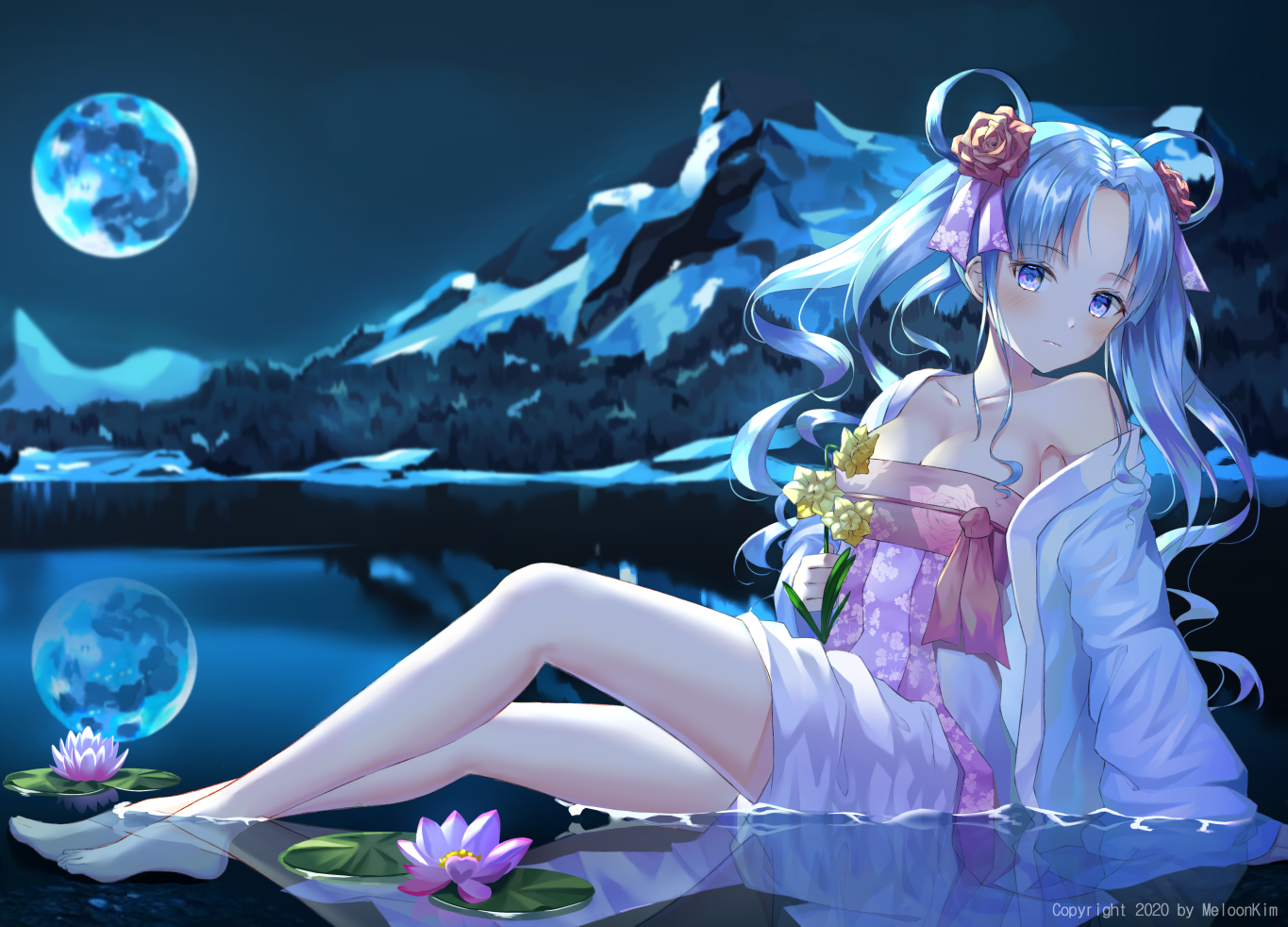 Aqua Hair Barefoot Flowers Wet Twintails Blush Blue Eyes Kimono Moon Night Sky Water Anime Girls Hyo 1365x982
