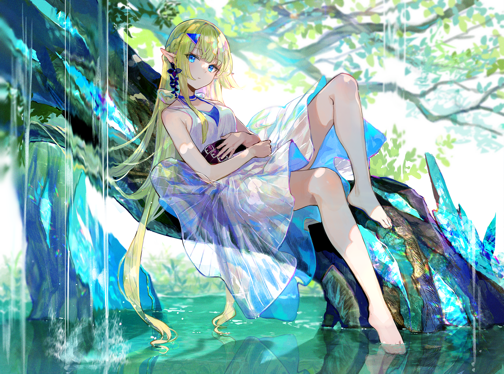 Anime Anime Girls Barefoot Blonde Blue Eyes Pointy Ears Elves Dress Water Fuji Choko 2000x1483