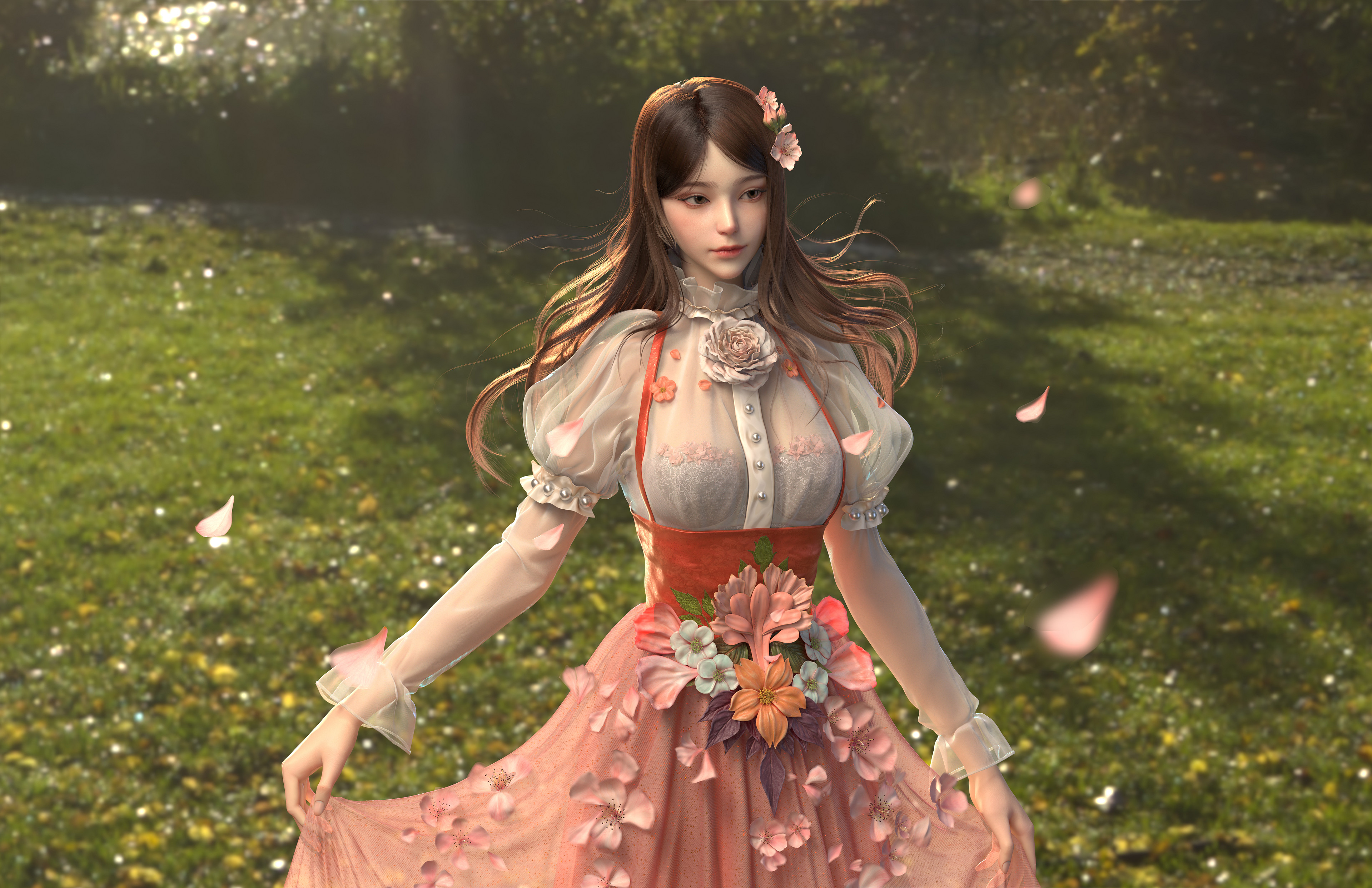 Artwork Digital Art Yangzhengnan Cheng Fantasy Girl Flowers Cherry Blossom Dress 3d Girl 3D Graphics 3840x2486