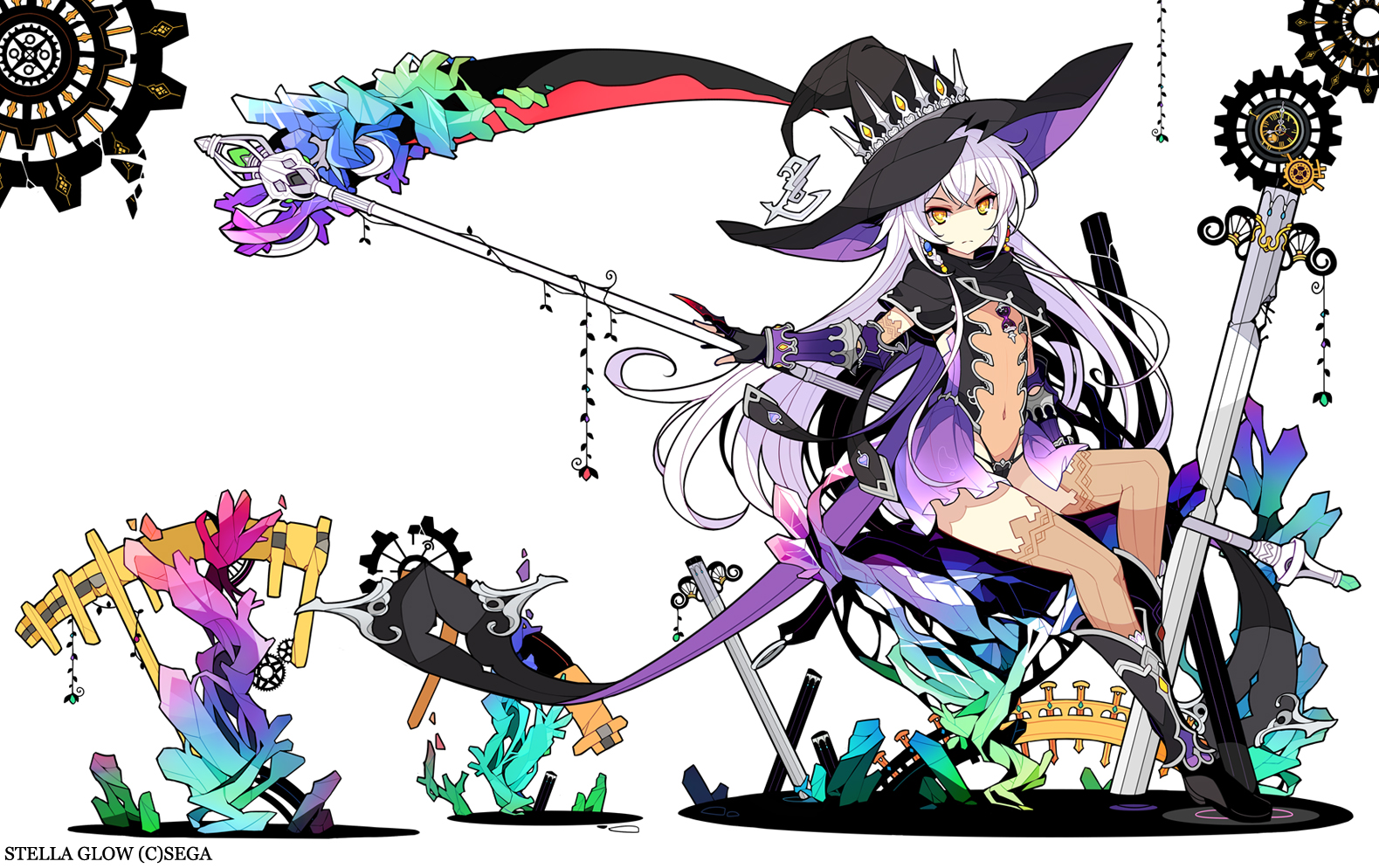 2D Artwork Ideolo Sega Witch Witch Hat White Hair Yellow Eyes Scythe Leotard Thigh Highs Flat Chest 1579x994