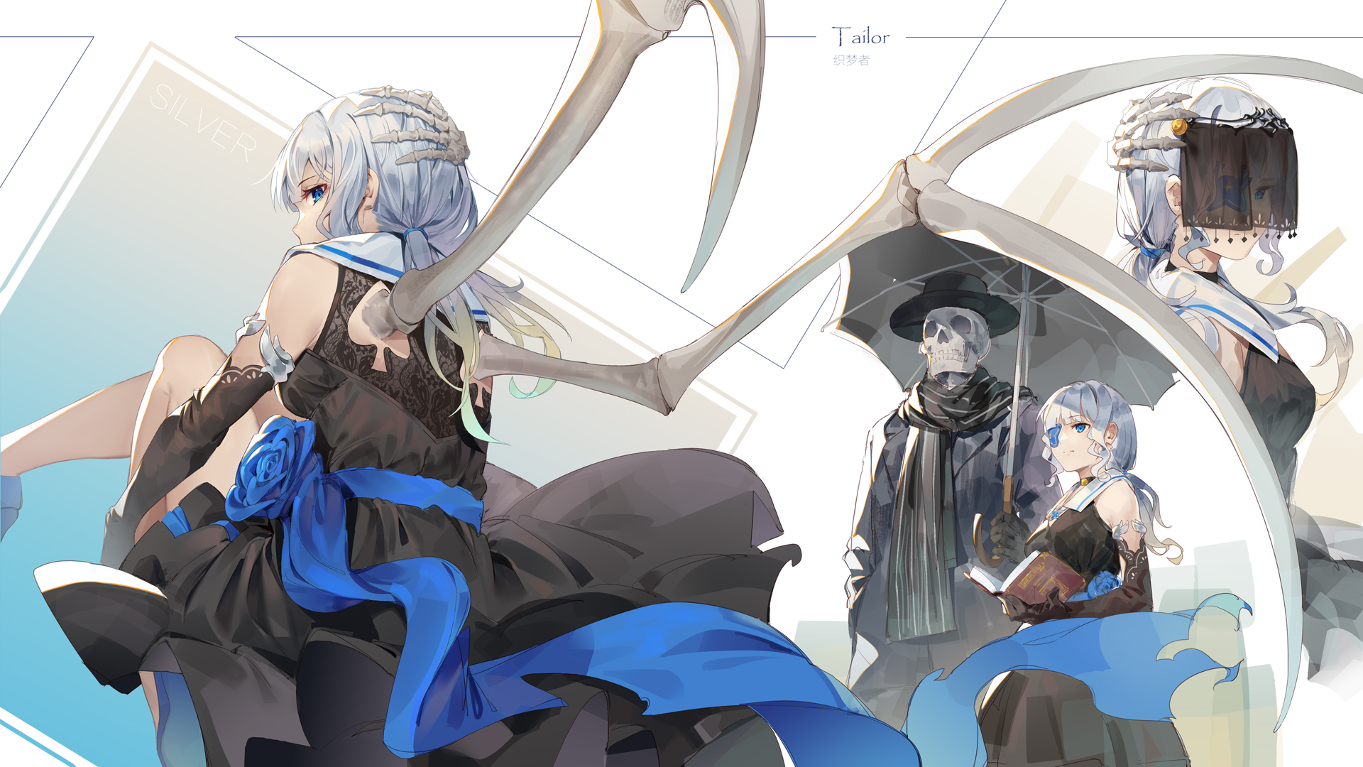 Anime Anime Girls Original Characters Eyepatches Skeleton Jidaoji Simple Background 1920x1080