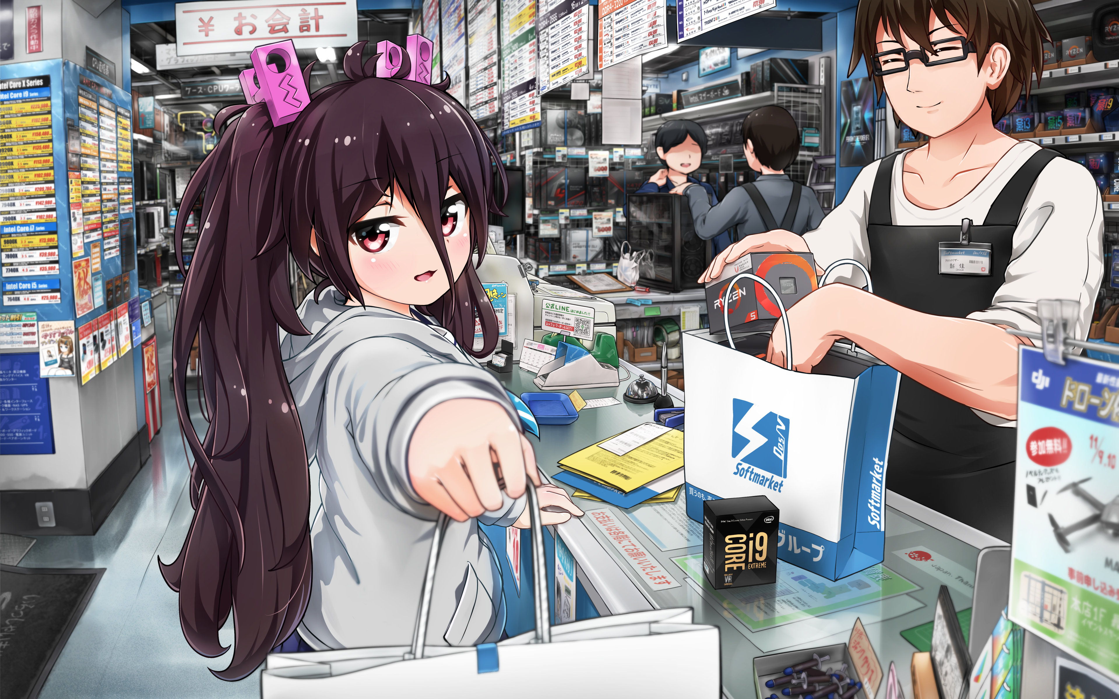 Anime Anime Girls Brunette Red Eyes Supermarket Intel RYZEN AMD Battle Girl High School Tamanegi 3840x2400