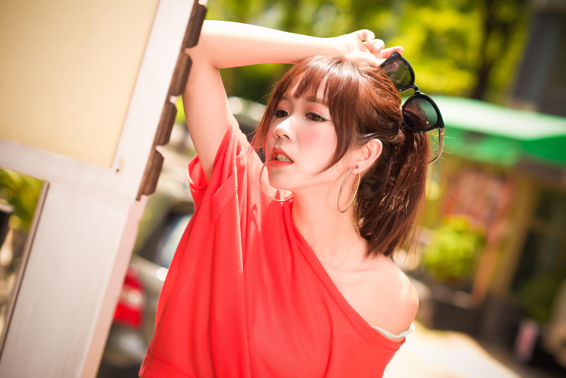 Asian Women Model Long Hair Brunette Depth Of Field Sunglasses Red Shirt Bare Shoulders Leaning Pony 1920x1281