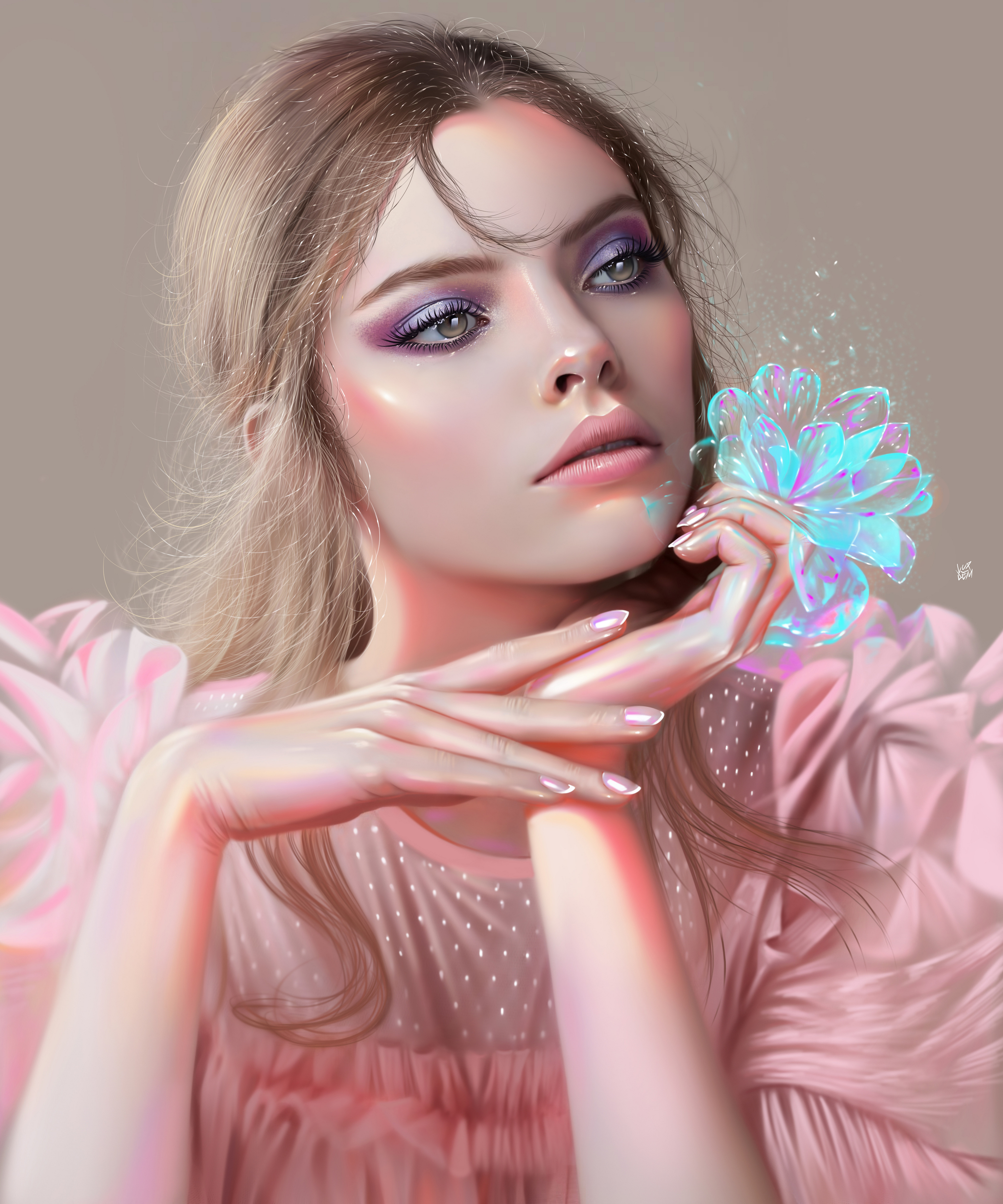 Women Young Woman Looking Away Digital Art Digital Painting Pink Dress Pink Clothing Looking At The  3840x4608