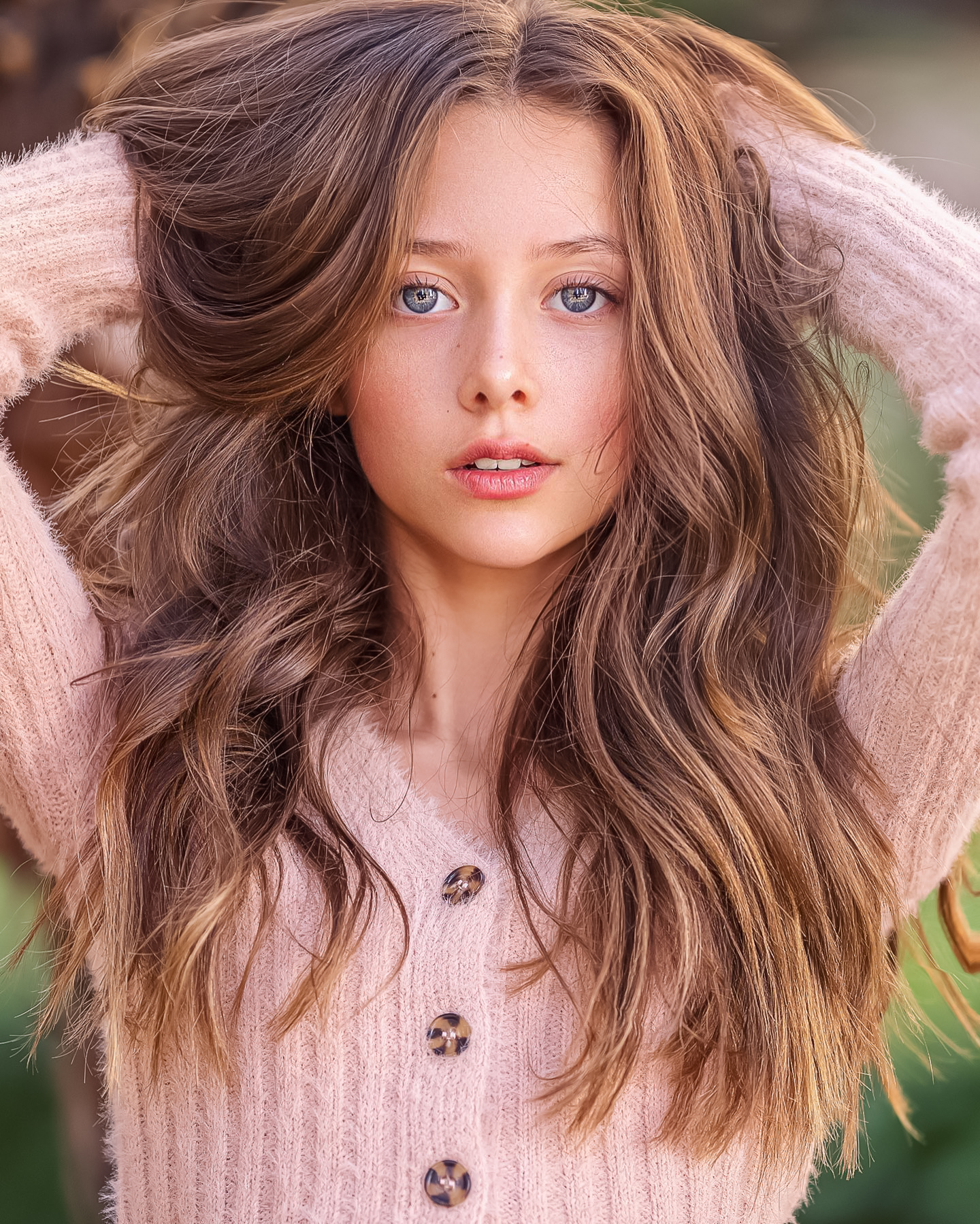 Sagaj Photography Brunette Long Hair Hands In Hair Blue Eyes Looking At Viewer Freckles Pink Clothin 1440x1799